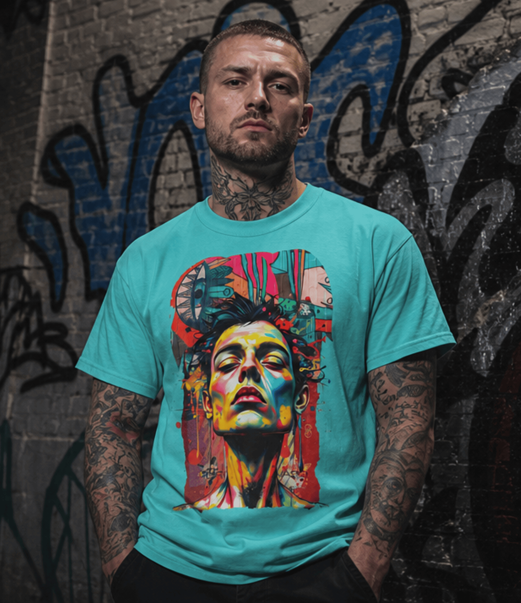 A man with tattoos wearing a bright turquoise graphic t-shirt featuring a colourful portrait of a lady, standing against a graffiti-covered brick wall.