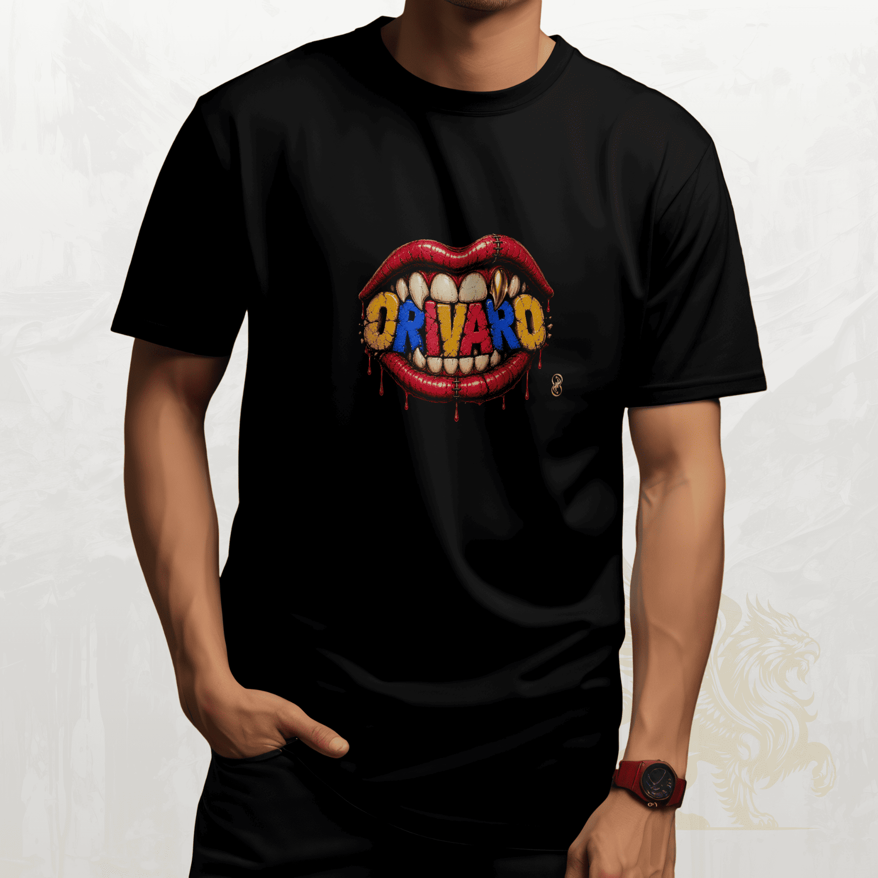 Black t-shirt with colorful graphic design on a white background