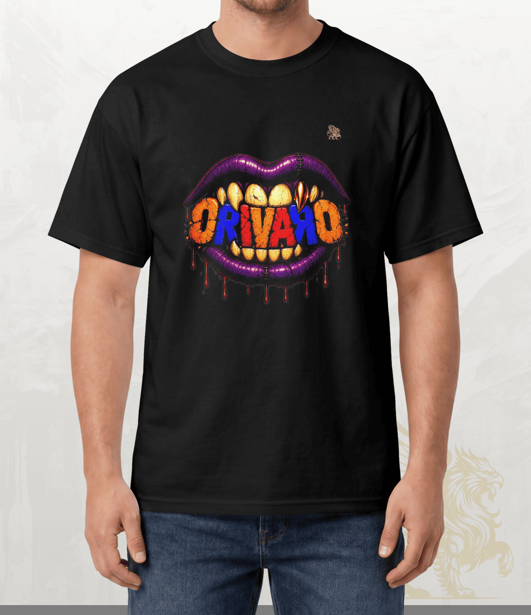 A man wearing a black short-sleeve t-shirt with a colourful graphic of vampire lips spelling 'ORIVARO' on the chest, paired with blue jeans.