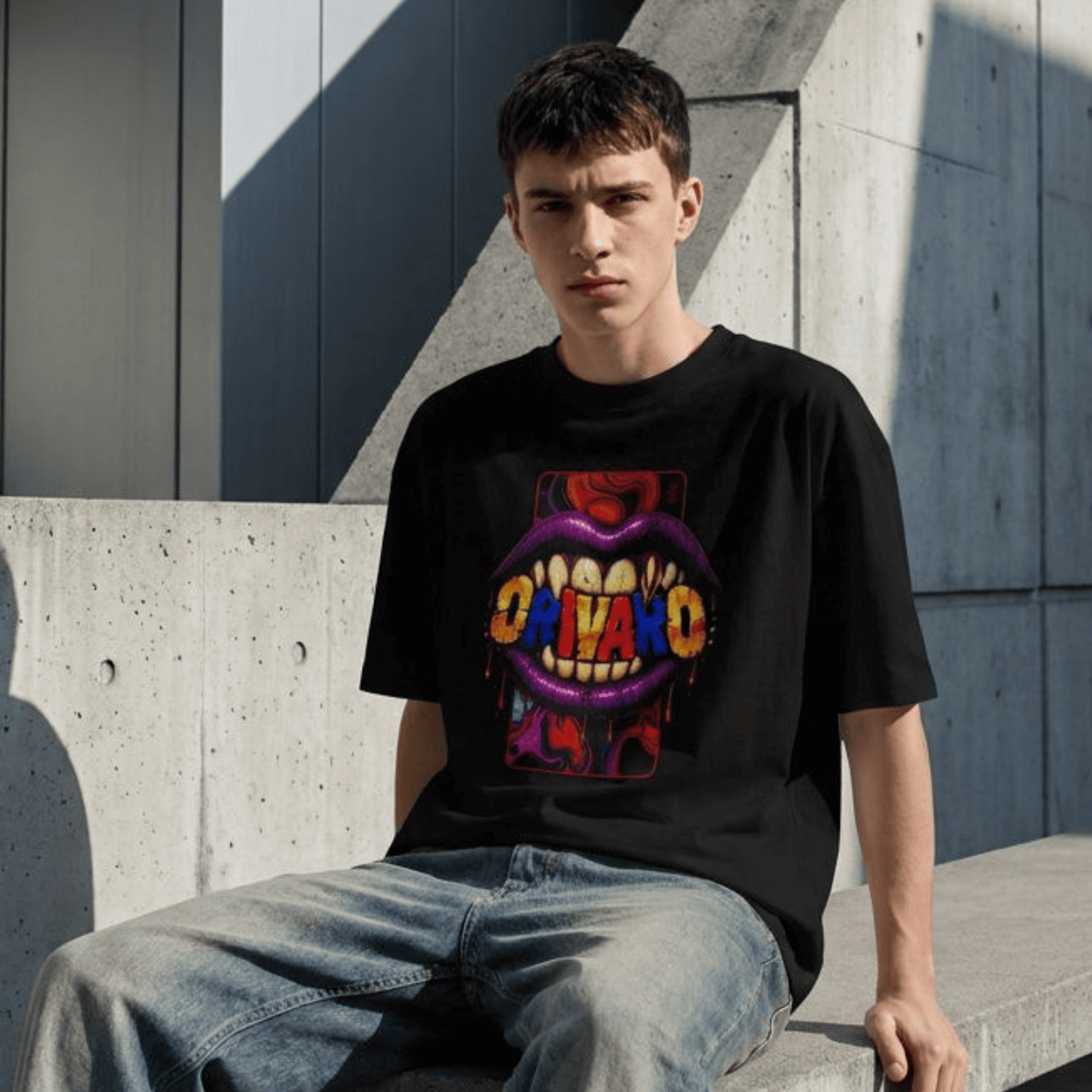 A young man sitting on concrete steps wearing a black graphic t-shirt with a colourful, horror-themed mouth design and blue jeans.