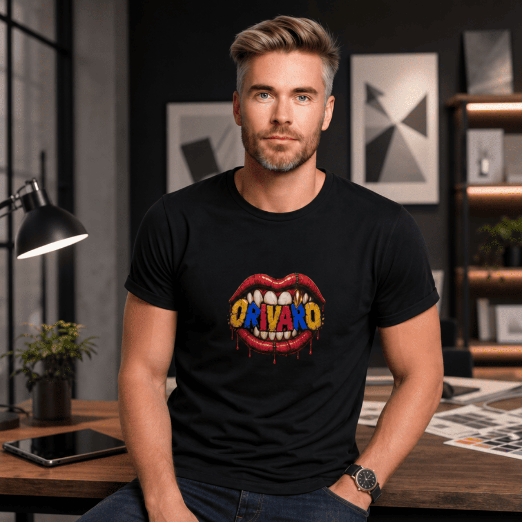 Man wearing a black t-shirt with colorful graphic design in an indoor setting
