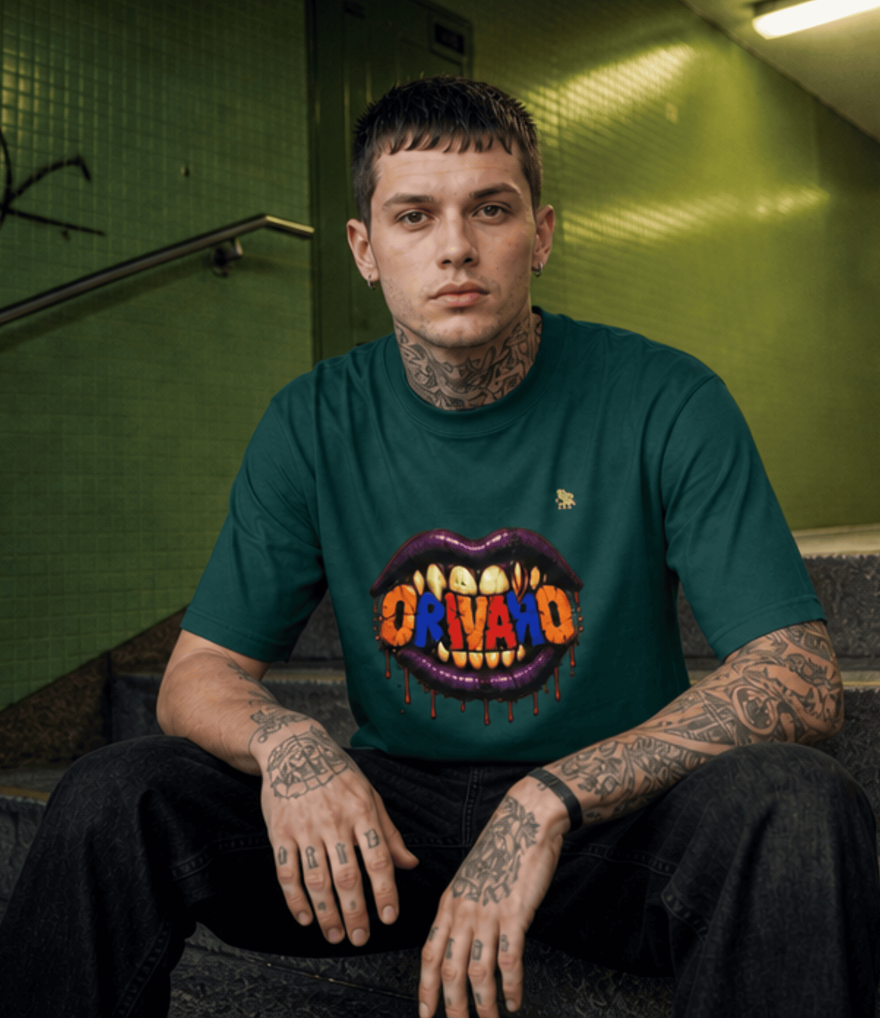 A tattooed man wearing a dark green graphic t-shirt with a colourful 'ORIVARO' mouth design, sitting on concrete stairs in a green-tiled environment.