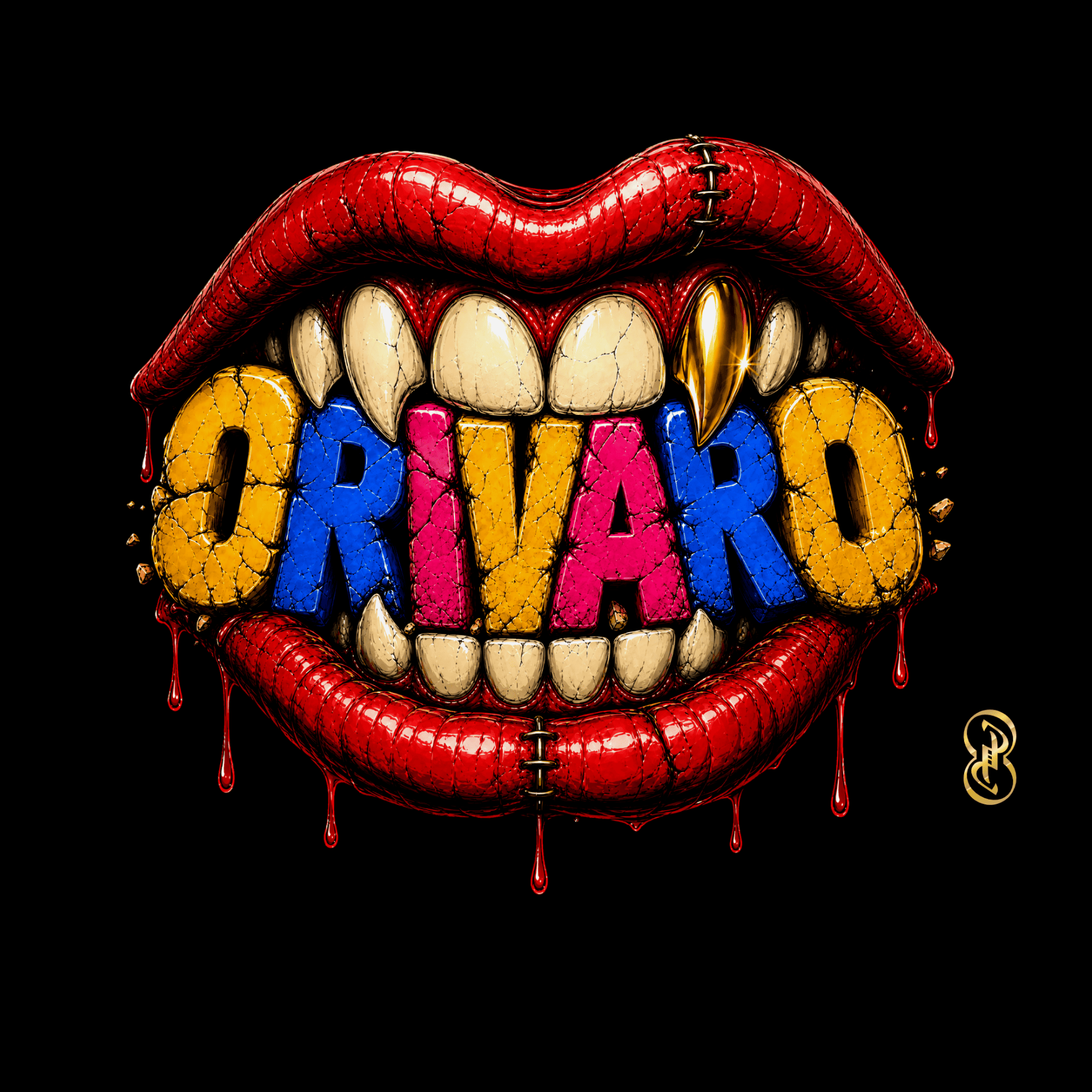 Colorful 'ORIVARO' logo with a mouth and teeth design on a black background