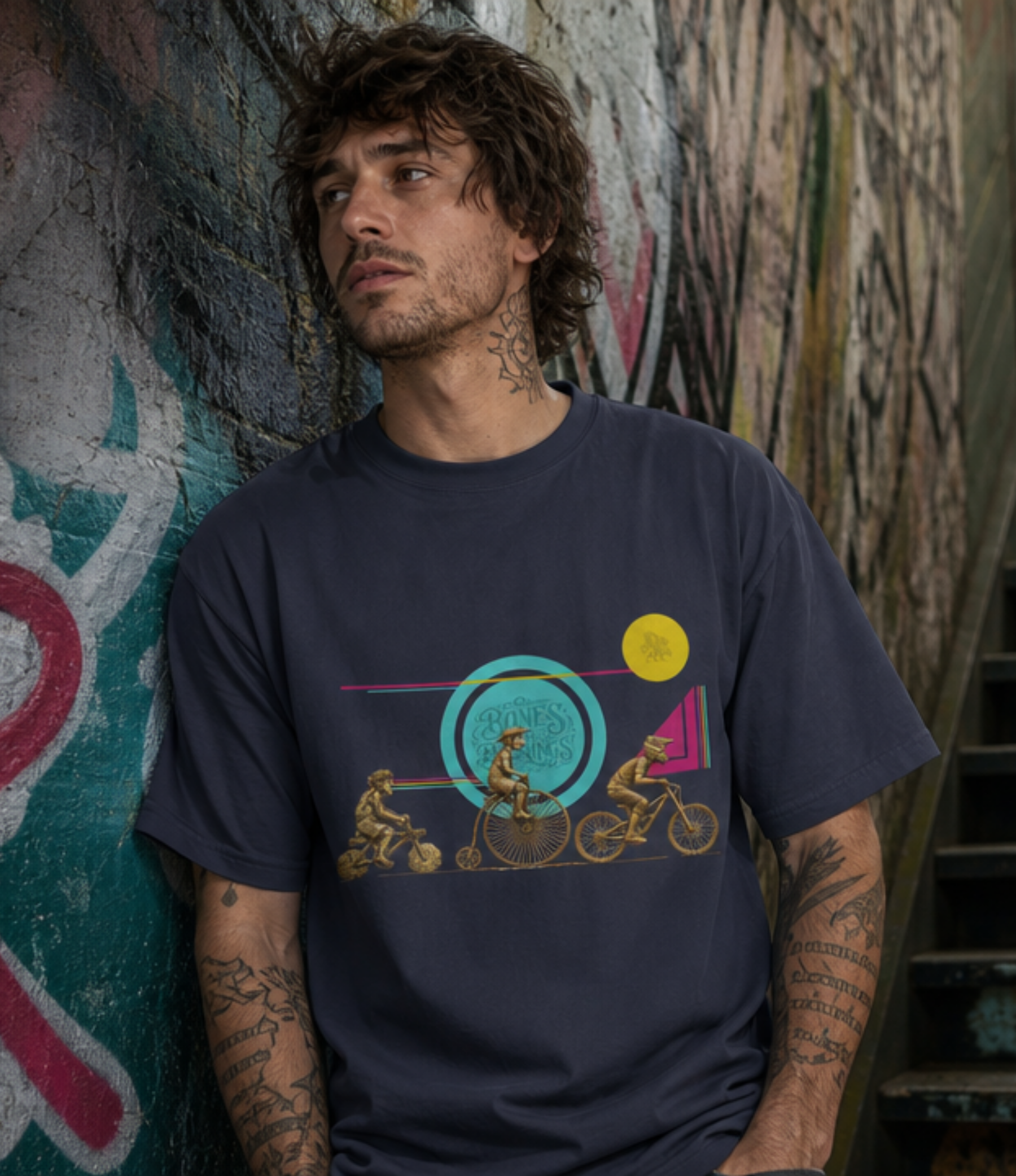 A man with tattoos leans against a graffiti-covered wall wearing a navy blue t-shirt with a colourful retro graphic of three cyclists.