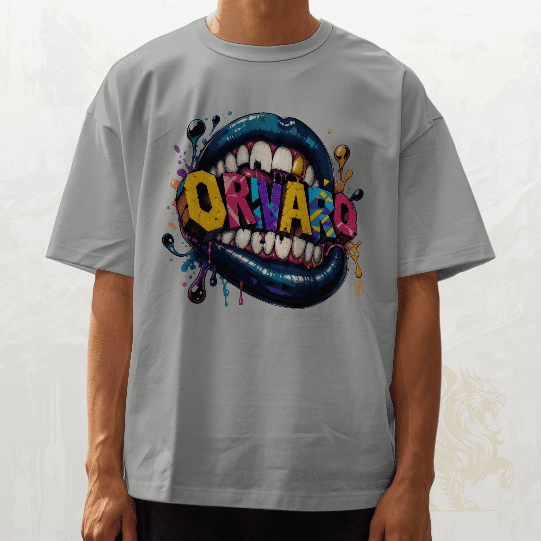 A person wearing a light grey oversized T-shirt with a large colourful graphic of an open mouth and the word "ORIVARO" across it, shown against a light grey background.