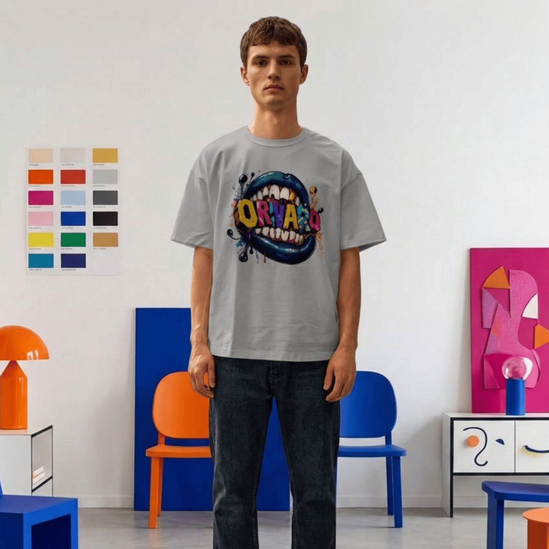 A man stands in a brightly lit room wearing a light grey graphic T-shirt with a colourful cartoon shark design and dark jeans.
