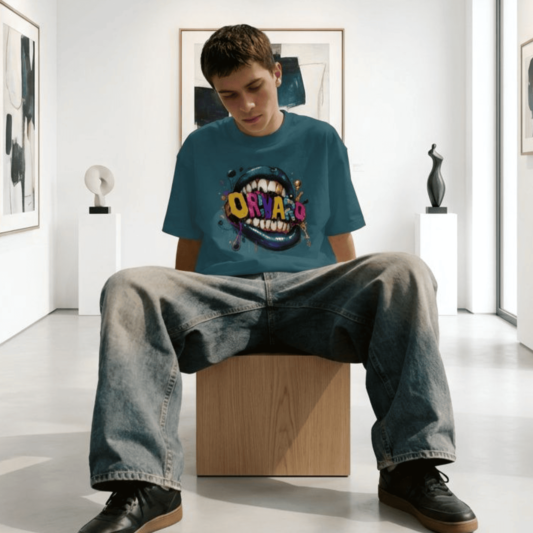 A young man sits on a wooden block in a bright, modern art gallery wearing a teal t-shirt with a colourful graphic of a mouth with the word 'ORIVARO' in stylized letters, paired with loose-fit blue jeans and black sneakers.