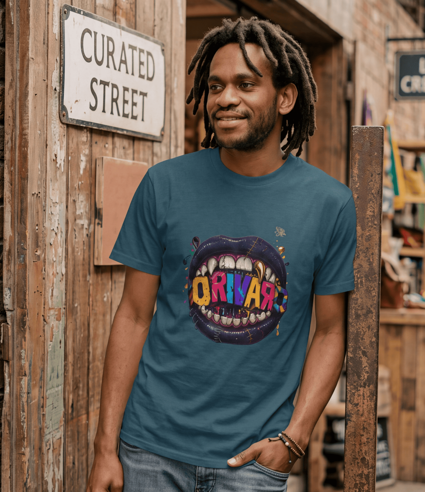 A man with dreadlocks stands in a rustic shop doorway wearing a teal graphic t-shirt. The shirt features a circular graphic of a mouth with colourful letters spelling 'ORIVARO' in yellow, red, and blue.