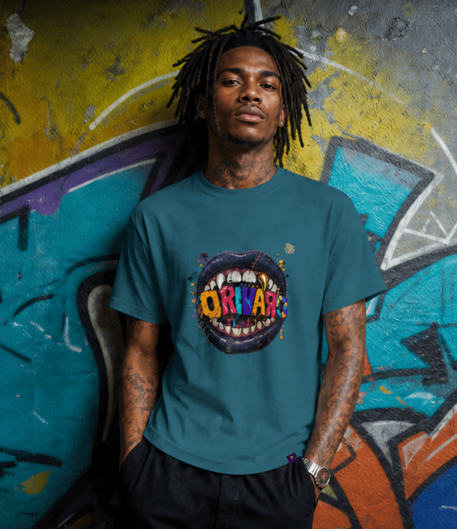 A man with dreadlocks stands against a graffiti-covered wall wearing a teal t-shirt with a colourful graphic of a mouth with the word 'ORIVARO' in multi-coloured letters.