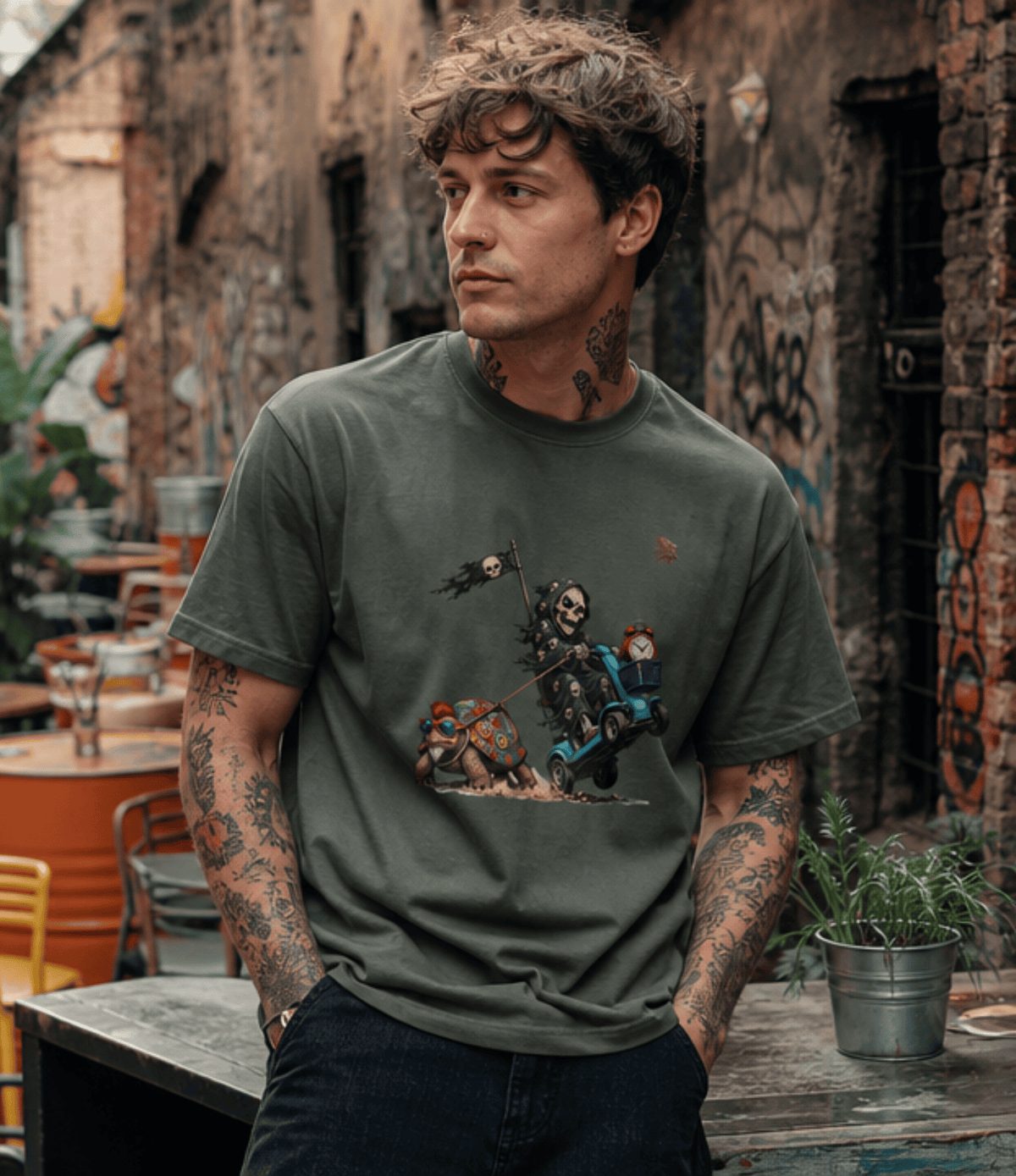 A man with tattoos wearing an olive green graphic t-shirt with a detailed print of a skeleton on a motorcycle, standing in an urban outdoor setting with graffiti walls.