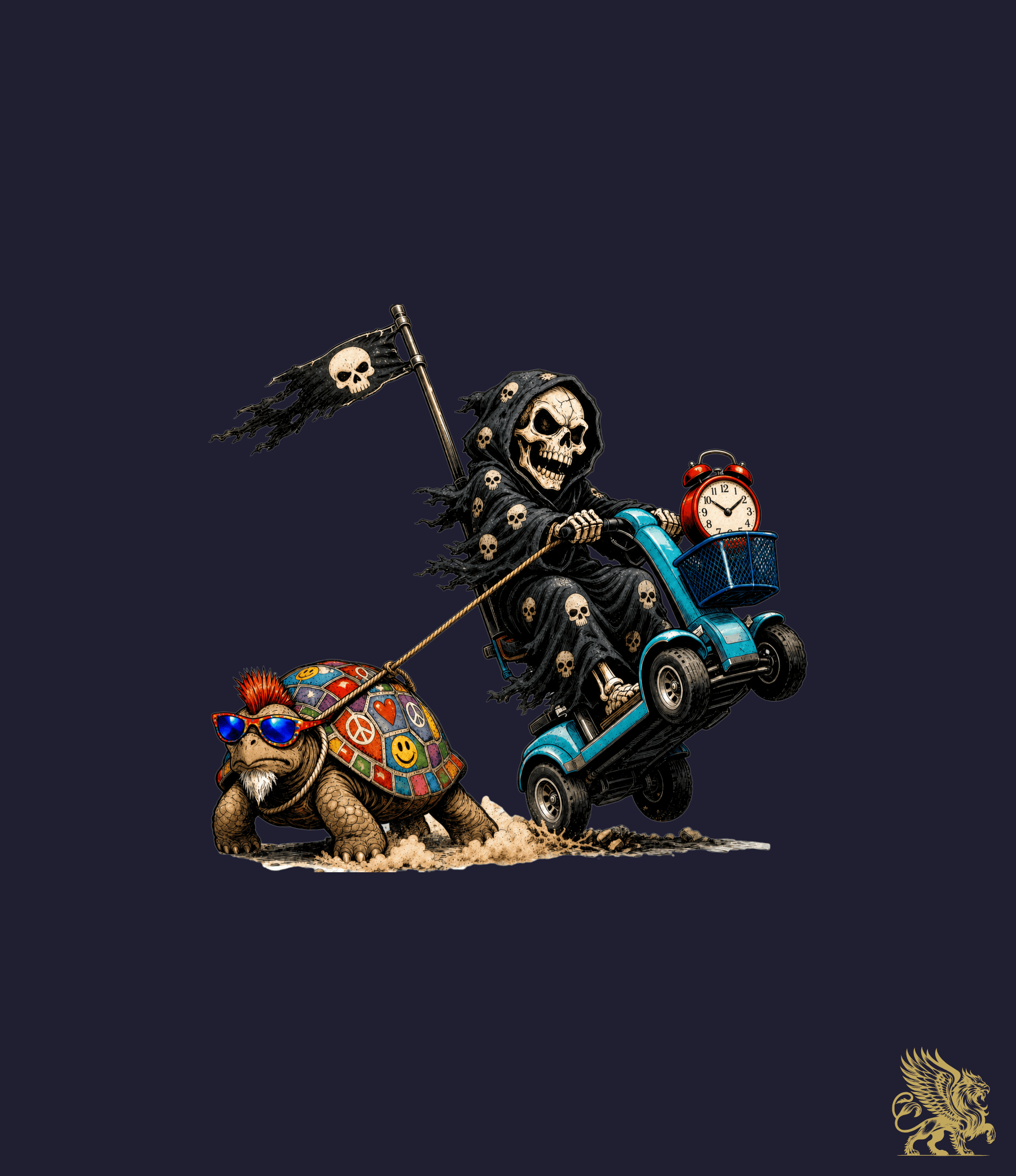 A detailed miniature figurine of a skeleton driver riding a blue race car while pulling a decorated turtle with a skull flag, set against a solid dark navy background.