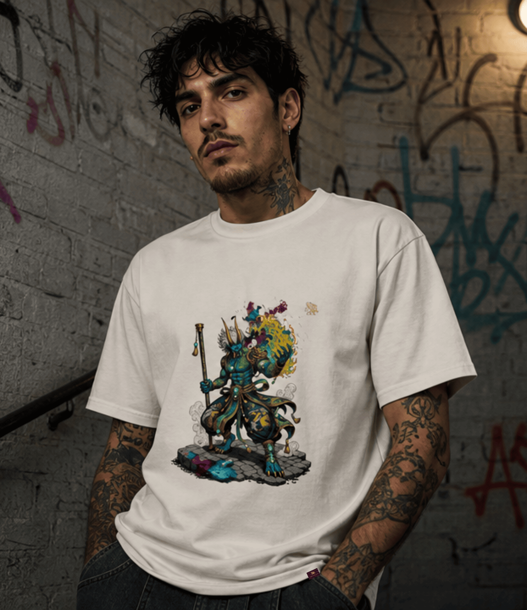 A man with tattoos wearing a white graphic t-shirt featuring a colourful illustration of a blue-skinned oni warrior character, posed against a graffiti-covered brick wall.