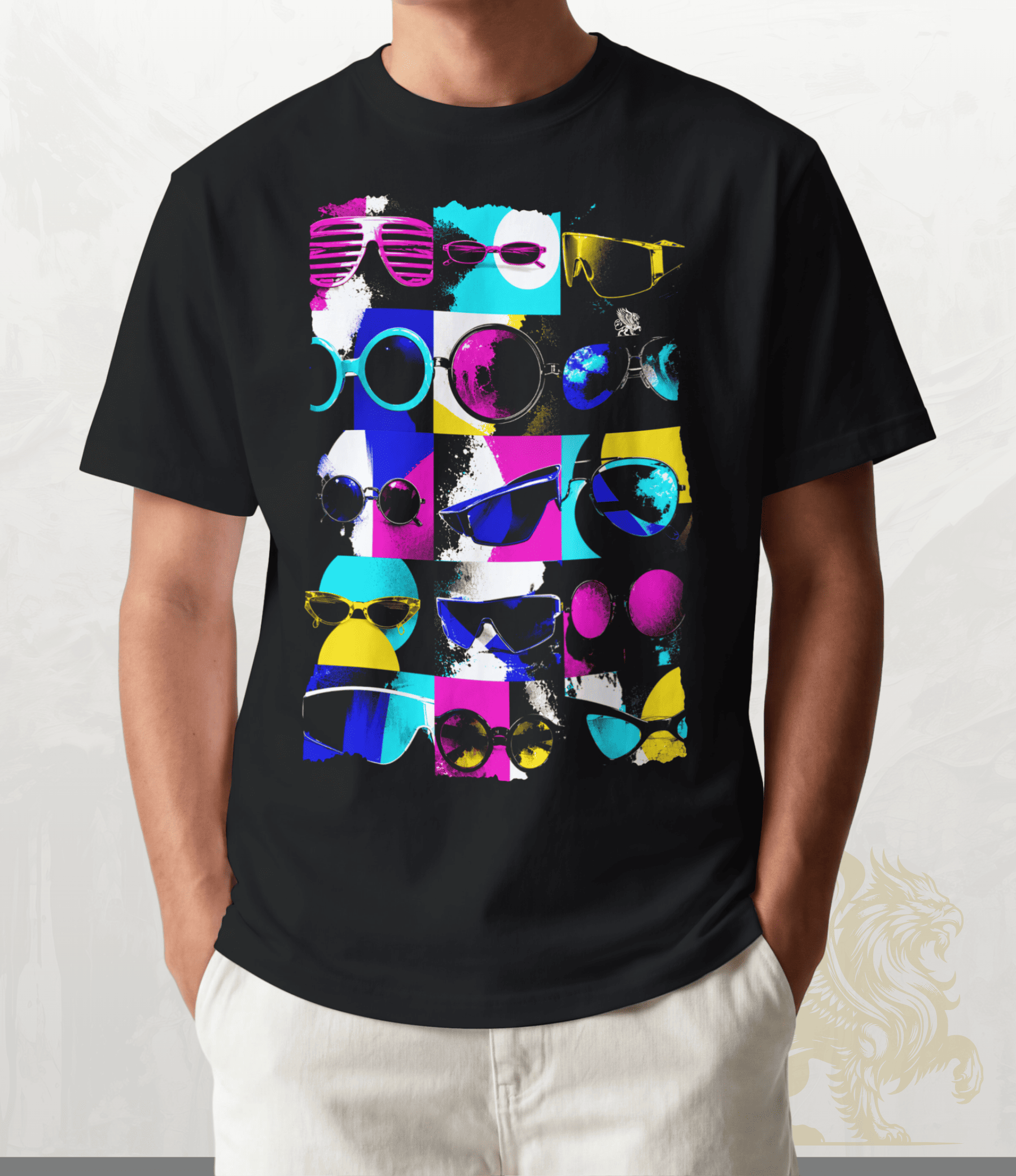 A person wearing a black short-sleeve t-shirt with a colourful graphic print of various sunglasses. paired with light beige jeans.