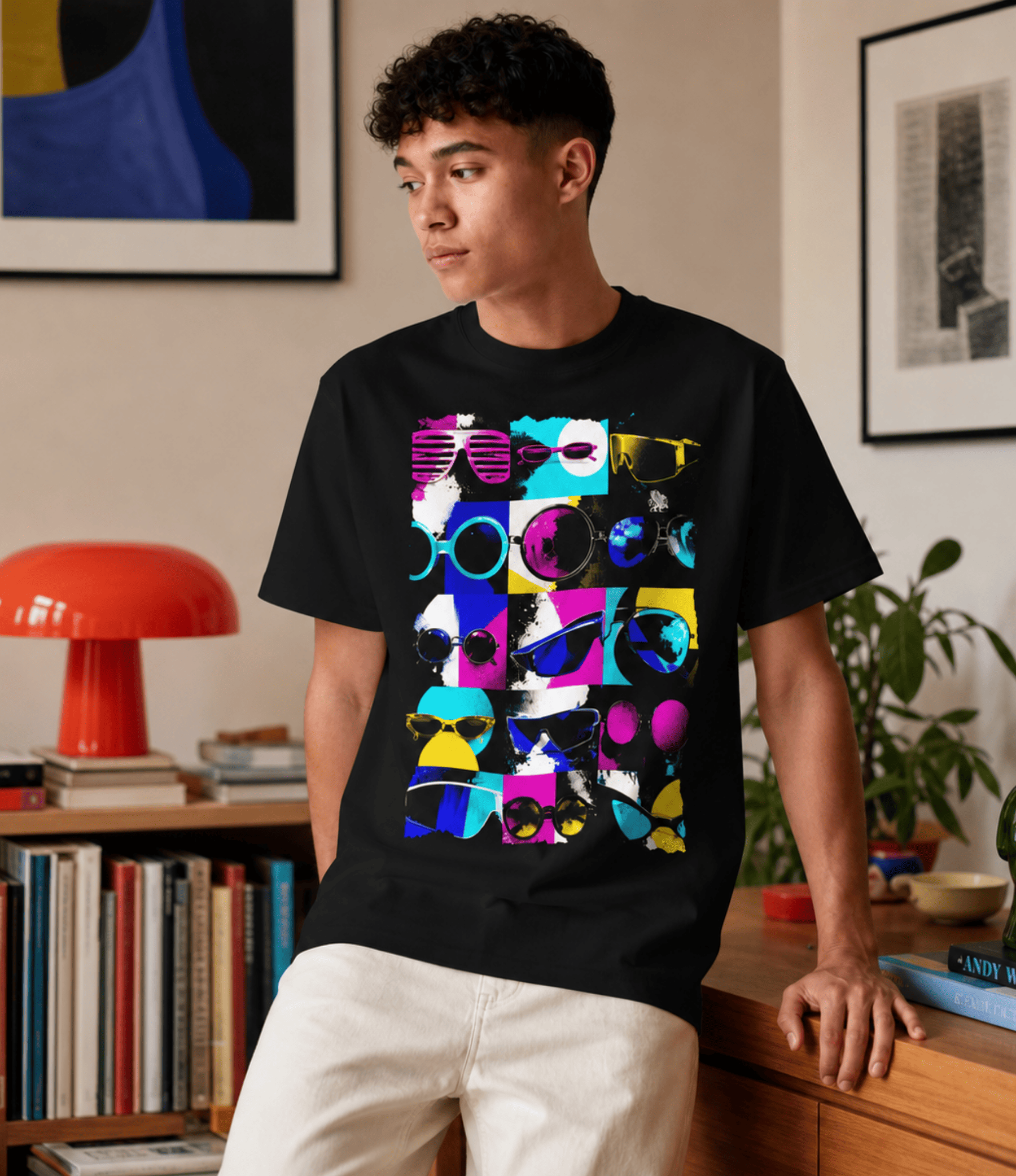 A man wearing a black t-shirt with a colourful graphic print of various sunglasses in a retro 90s style, posed in a cozy, book-filled room.