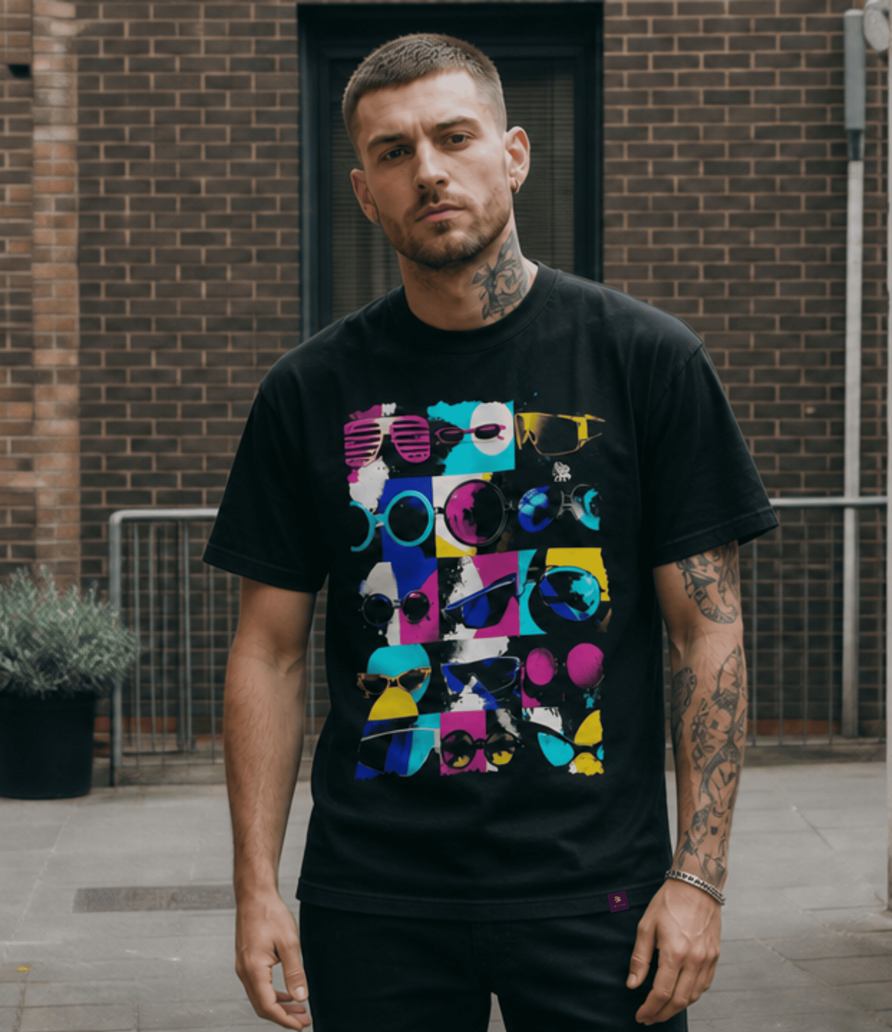 A man wearing a black graphic t-shirt with a colourful abstract print of sunglasses, standing in front of a brick building.