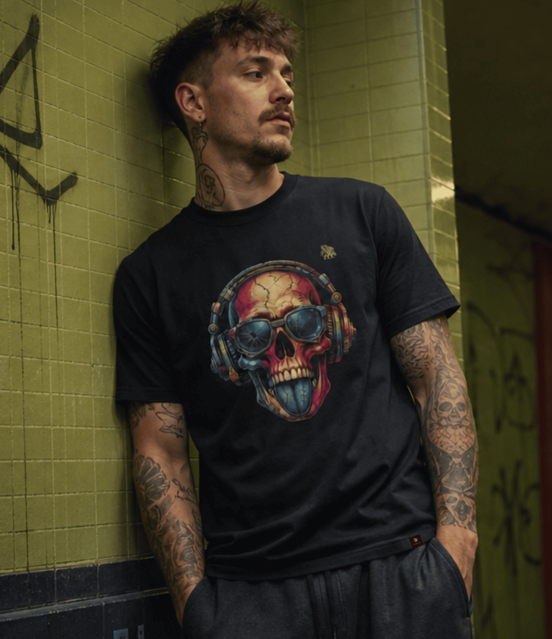 A man with tattoos leans against a yellow tiled wall wearing a black graphic t-shirt featuring a colourful skull wearing headphones and blue aviator sunglasses.