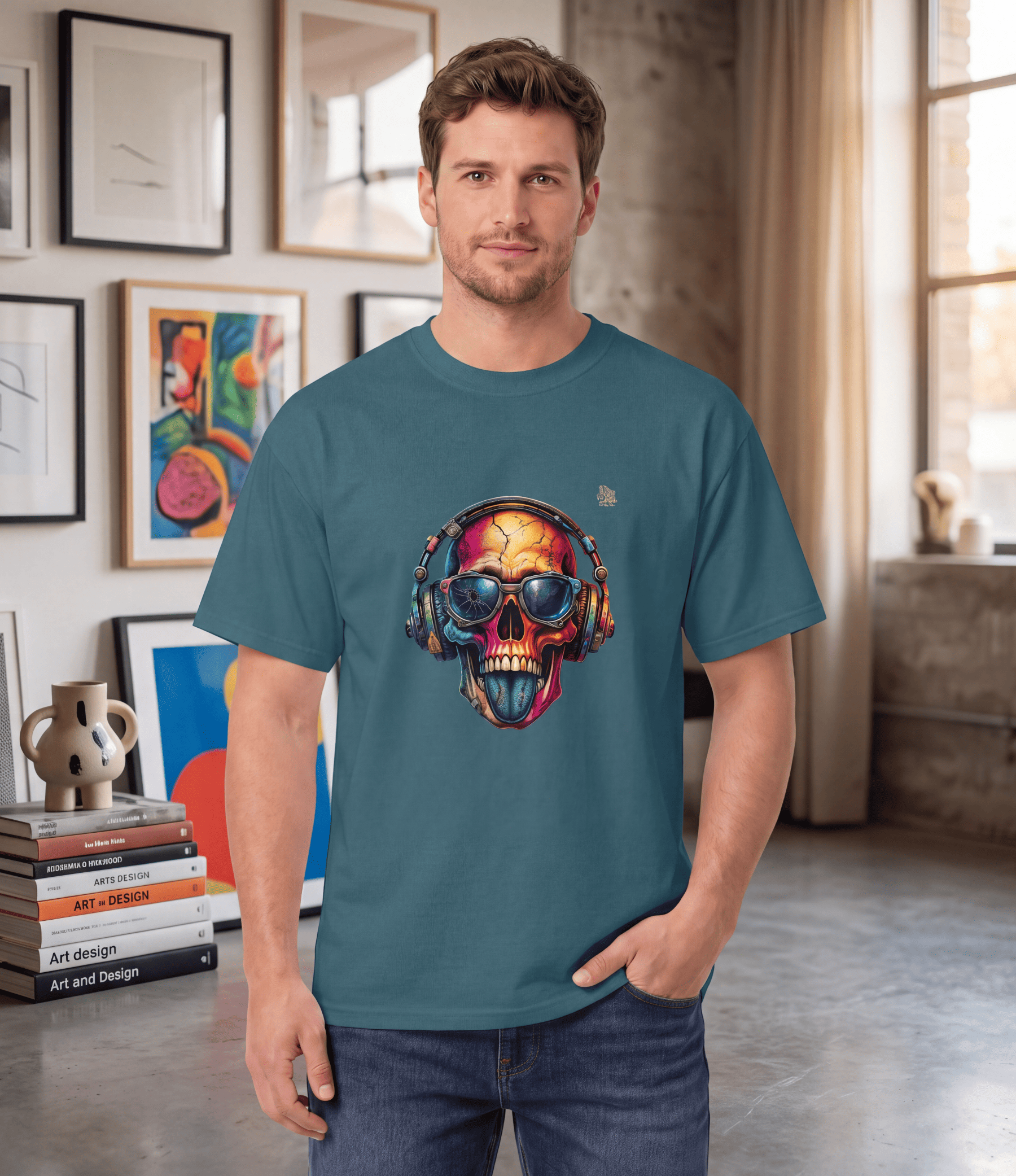 A man wearing a teal blue t-shirt with a colourful graphic of a skull wearing headphones and sunglasses, standing in a modern, stylishly decorated room with framed art on the walls.