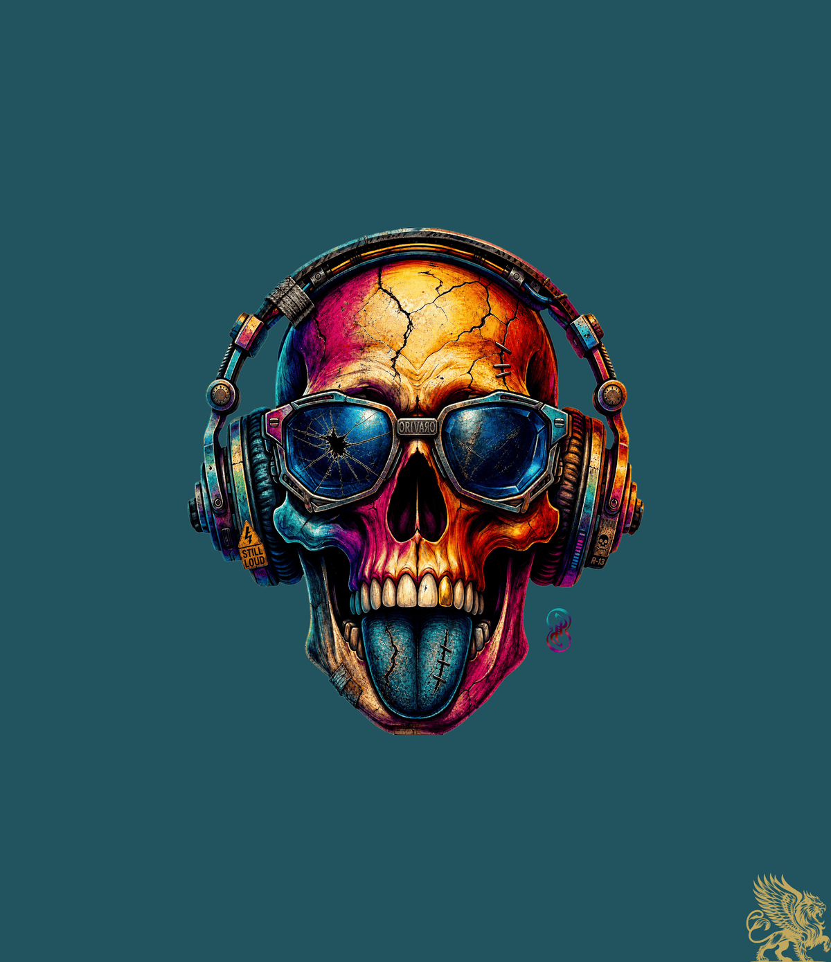 A stylized colourful skull wearing headphones and aviator-style sunglasses, cantered on a solid dark teal background.