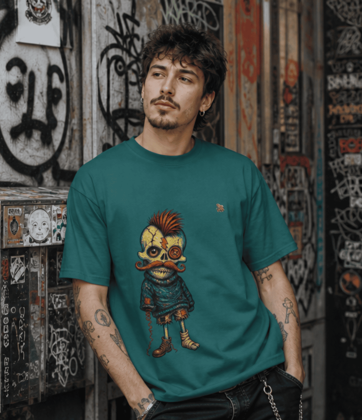 A man with tattoos wearing a teal green graphic t-shirt featuring a cartoon character with a mohawk and mustache, posing in front of a graffiti-covered wall.