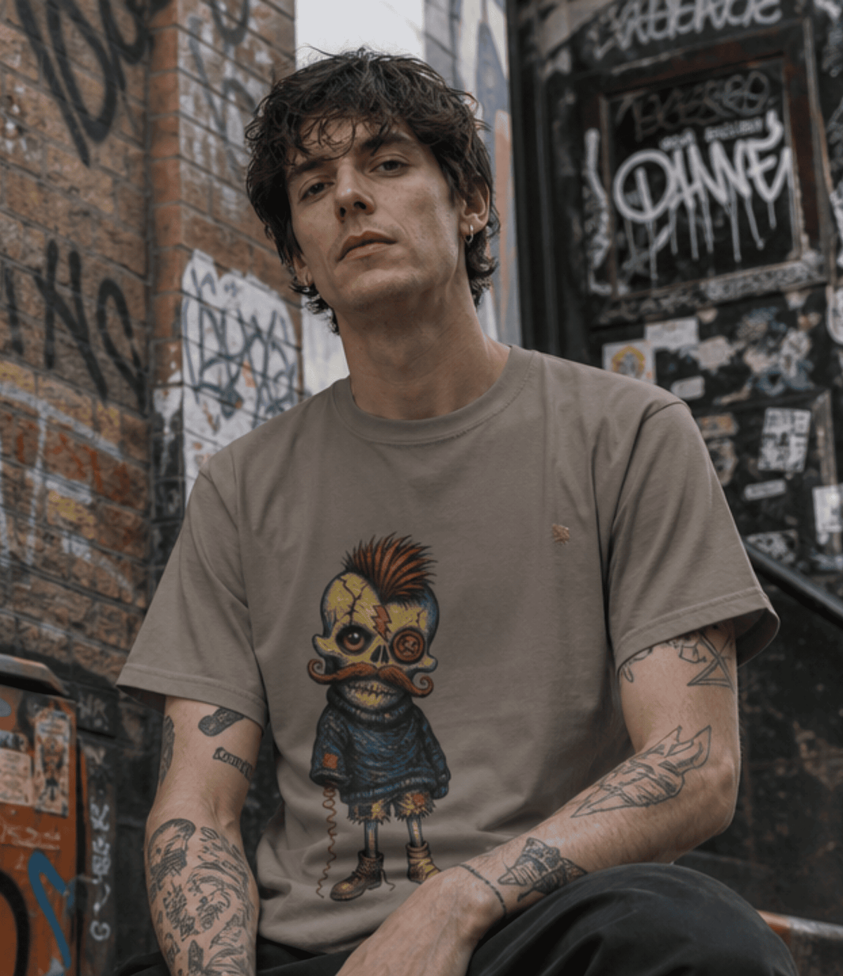 A man with tattoos wearing a beige t-shirt with a cartoon skull graphic, sitting in front of a graffiti-covered wall.