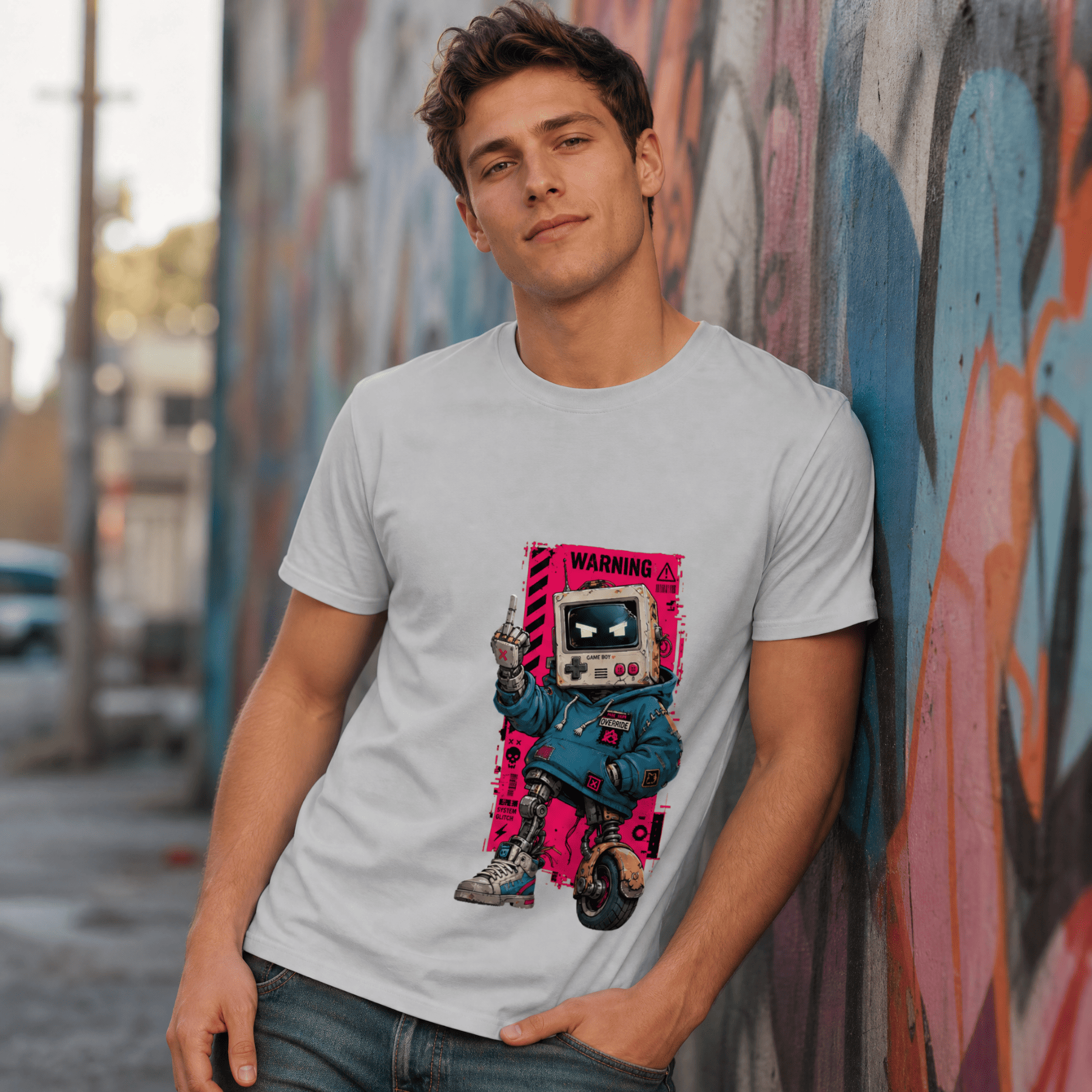 Person wearing a t-shirt with a graphic design of a robot and text, standing against a graffiti-covered wall.