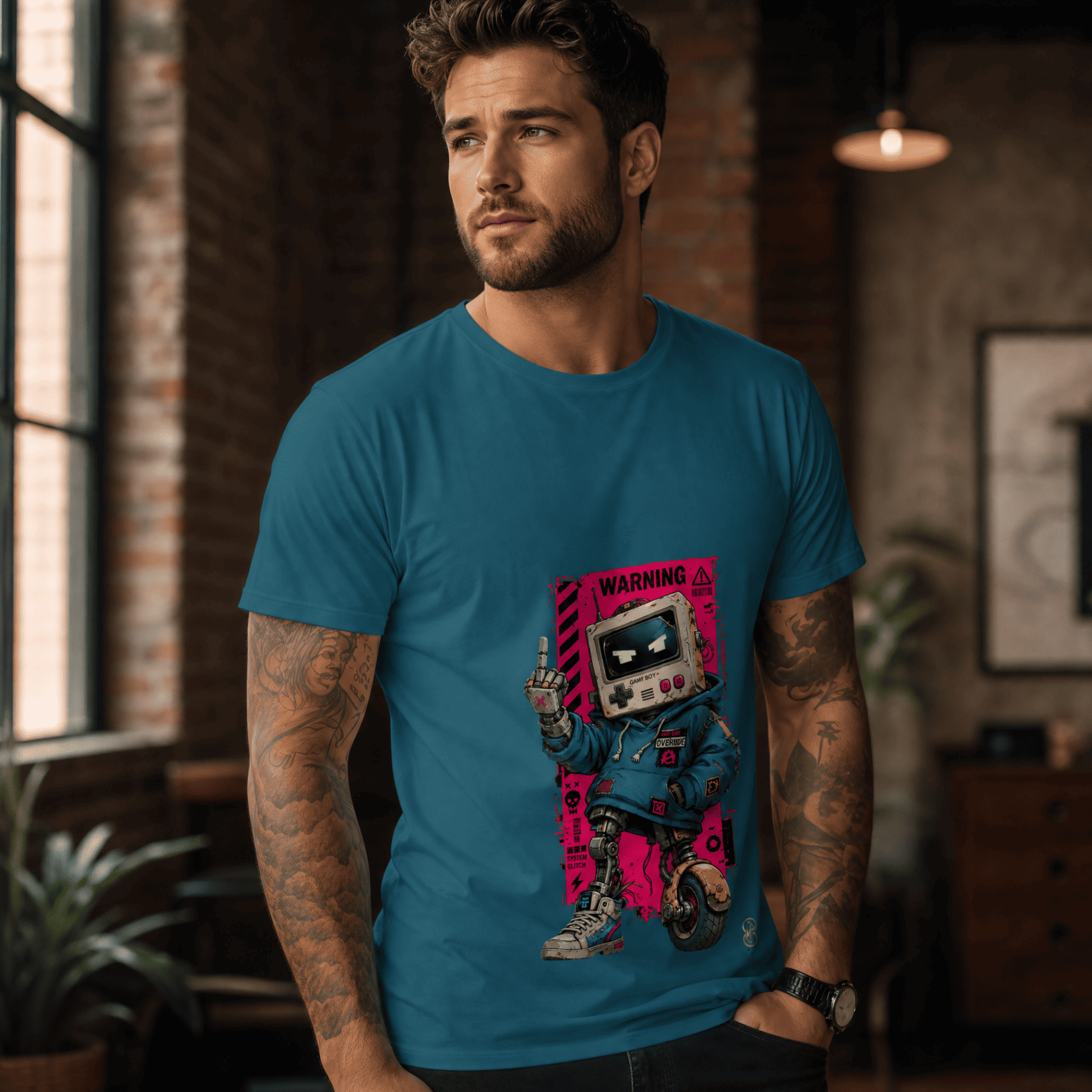 Man wearing a blue t-shirt with a robot graphic and 'WARNING' text in a room with brick walls and plants.