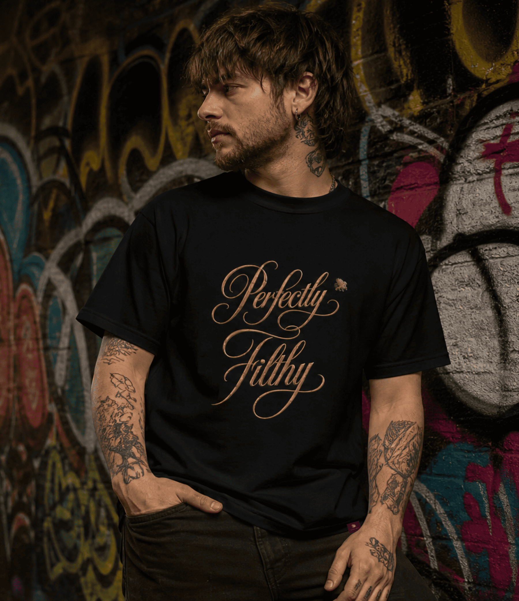 A man with tattoos wearing a black t-shirt with 'Perfectly Filthy' printed in gold cursive script, standing in front of a graffiti-covered wall.