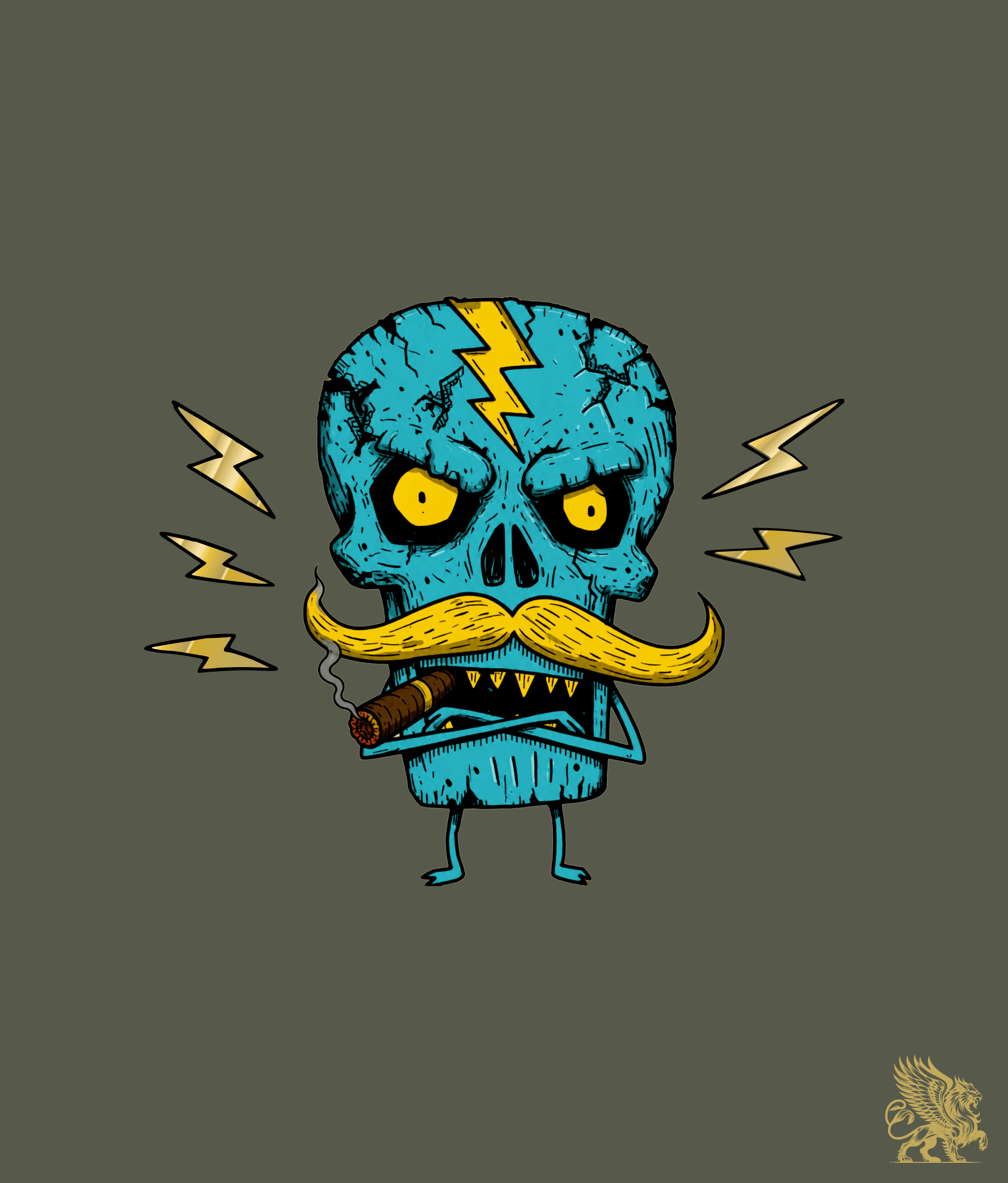 A stylized cartoon skull character in bright blue with yellow eyes, a yellow lightning bolt on its head, a large yellow mustache, and a cigar, centred on a dark olive background with yellow lightning accents.