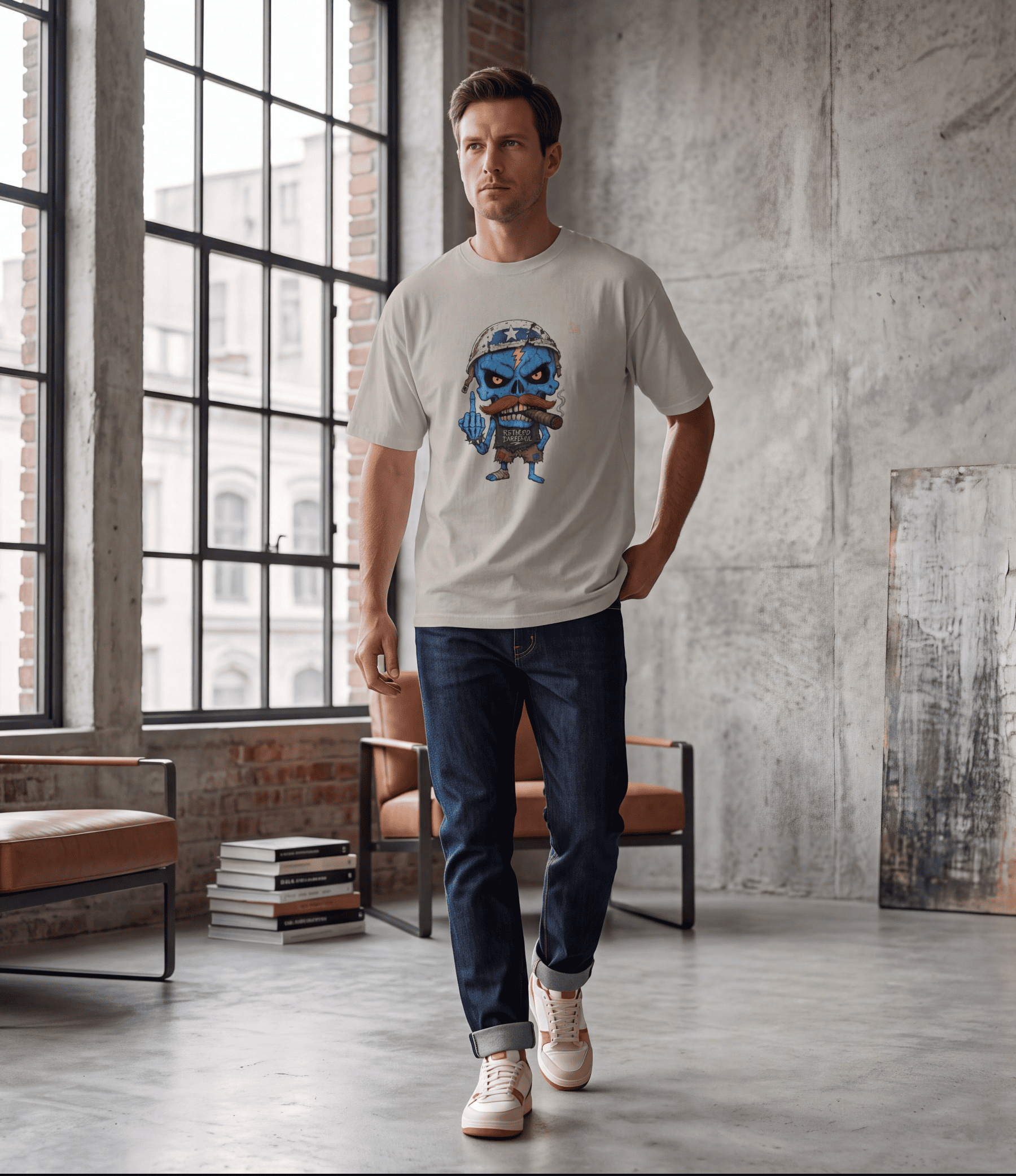 A man wearing a light beige graphic t-shirt with a blue cartoon robot design, dark blue jeans, and white sneakers, standing in a modern industrial loft with concrete floors and large windows.