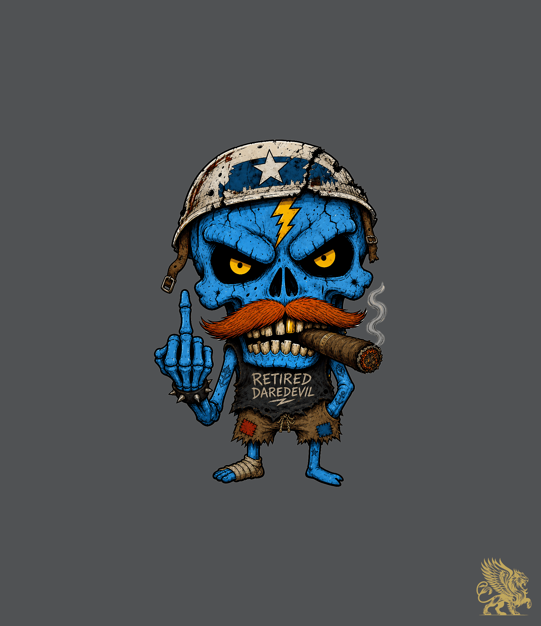 A cartoon graphic of a blue skull character in a military helmet holding a cigar paired with off-white pants.