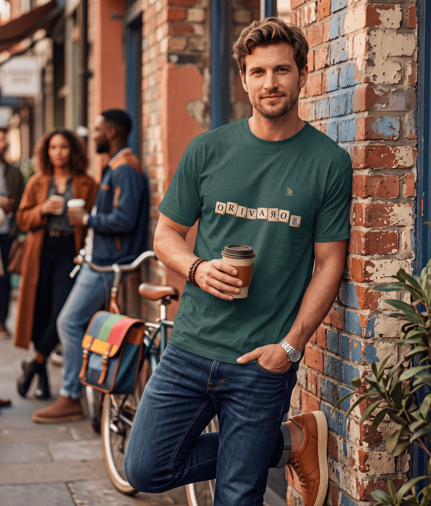 A man wearing a dark teal-green crewneck t-shirt with the word 'ORIVARO' spelled out in vintage-style block letters across the chest, posed in a modern indoor setting.