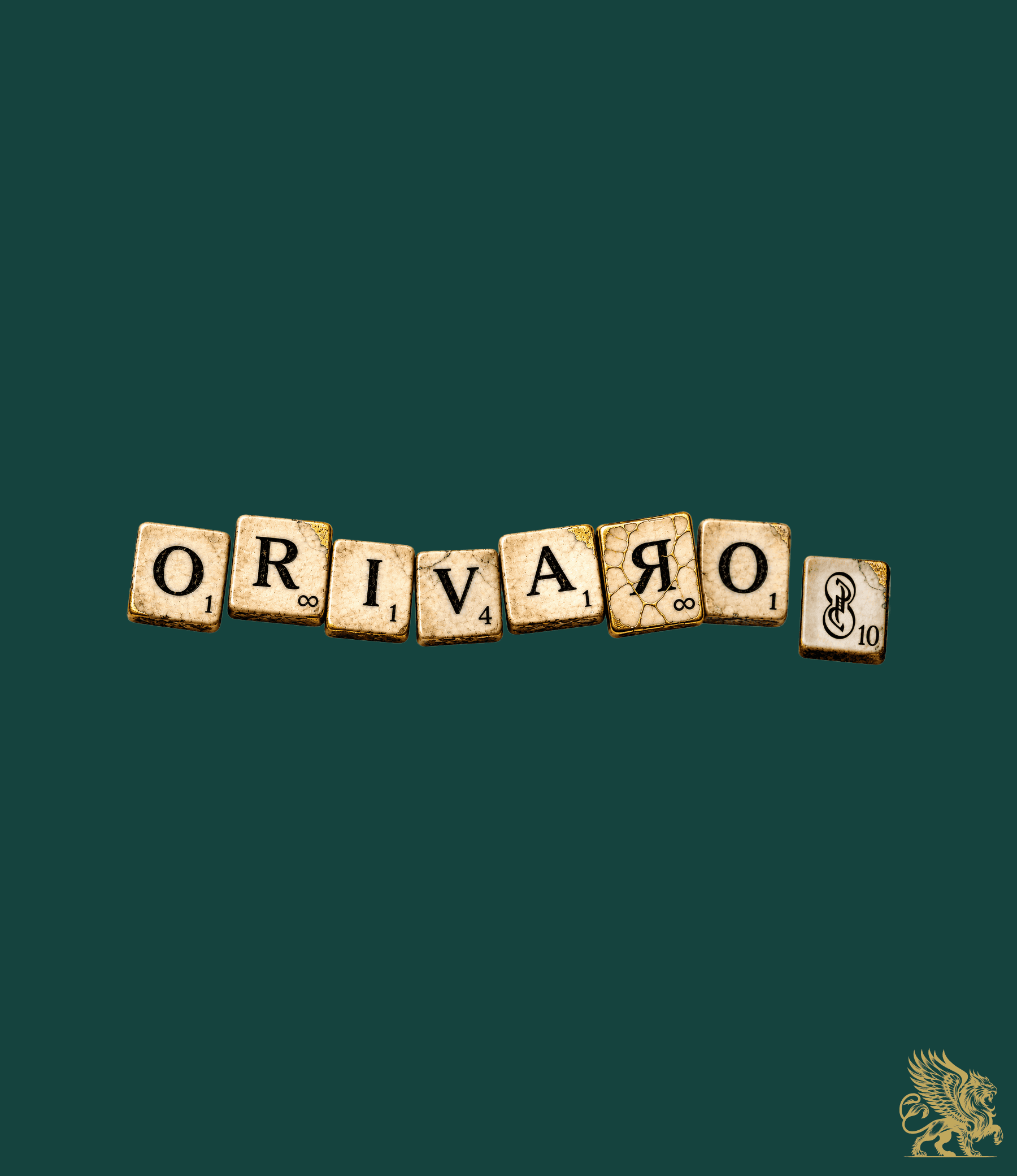 A row of vintage Scrabble-style letter tiles spelling 'ORIVARO' arranged horizontally on a solid dark teal background.