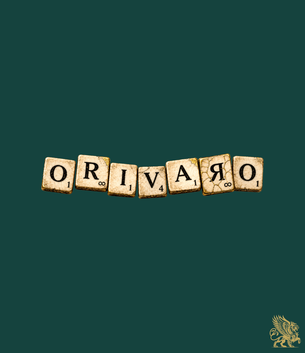 A row of Scrabble-style letter tiles spelling ORIVARO arranged horizontally on a dark teal background, with a small gold griffin logo in the bottom-right corner.