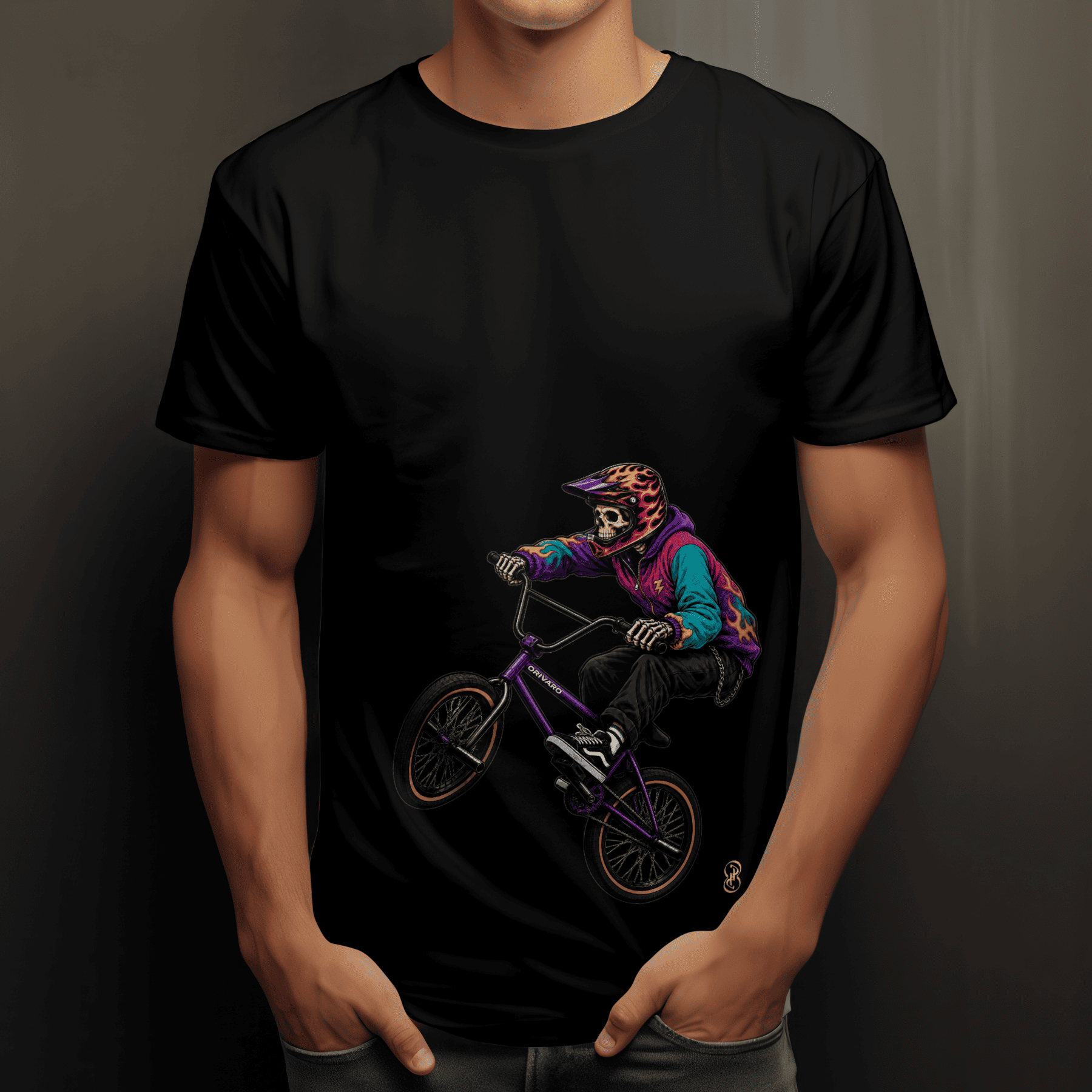 Black t-shirt with a colorful graphic of a person on a bike and helmet.