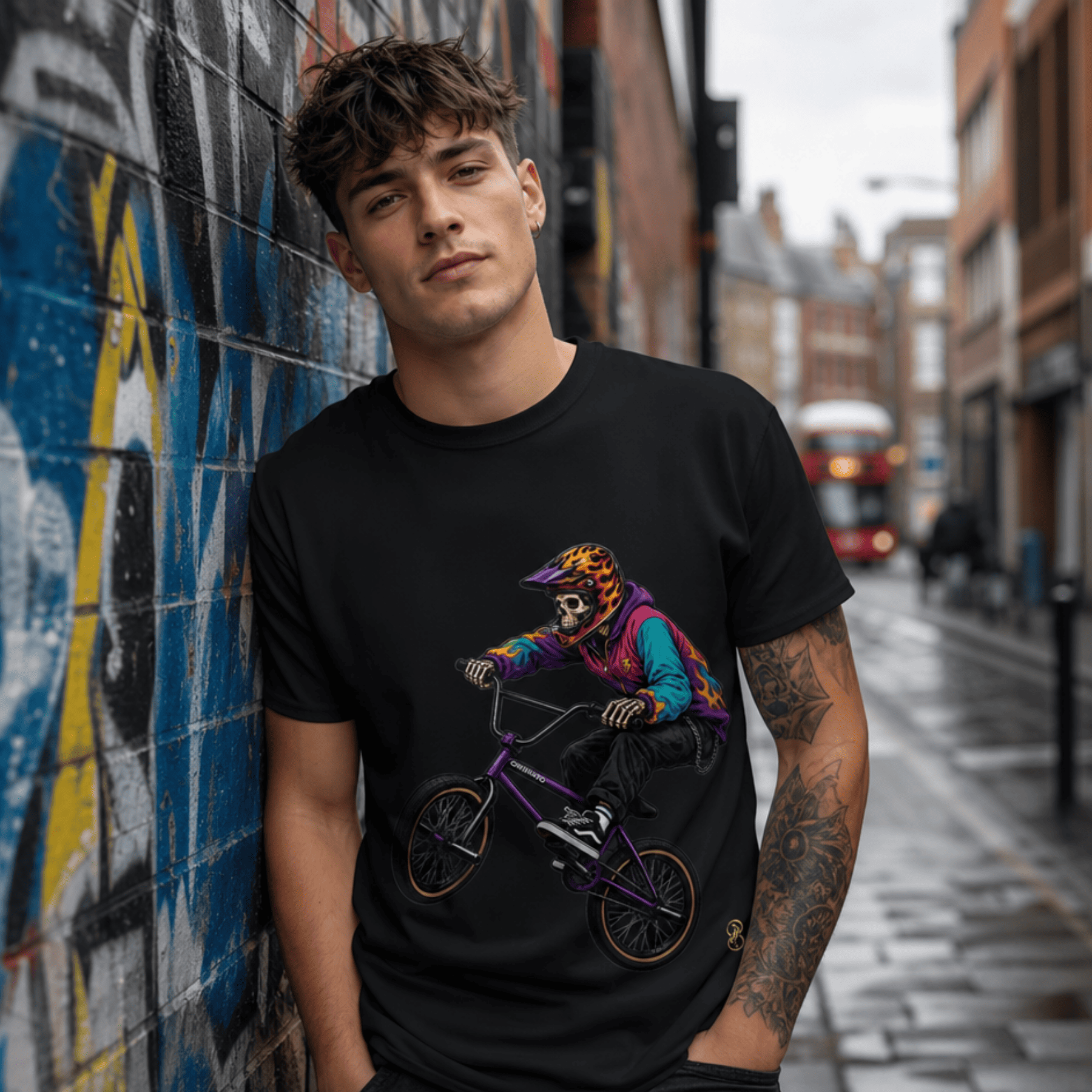 Man wearing a black t-shirt with a colorful graphic of a person on a bike, standing against a graffiti-covered wall.
