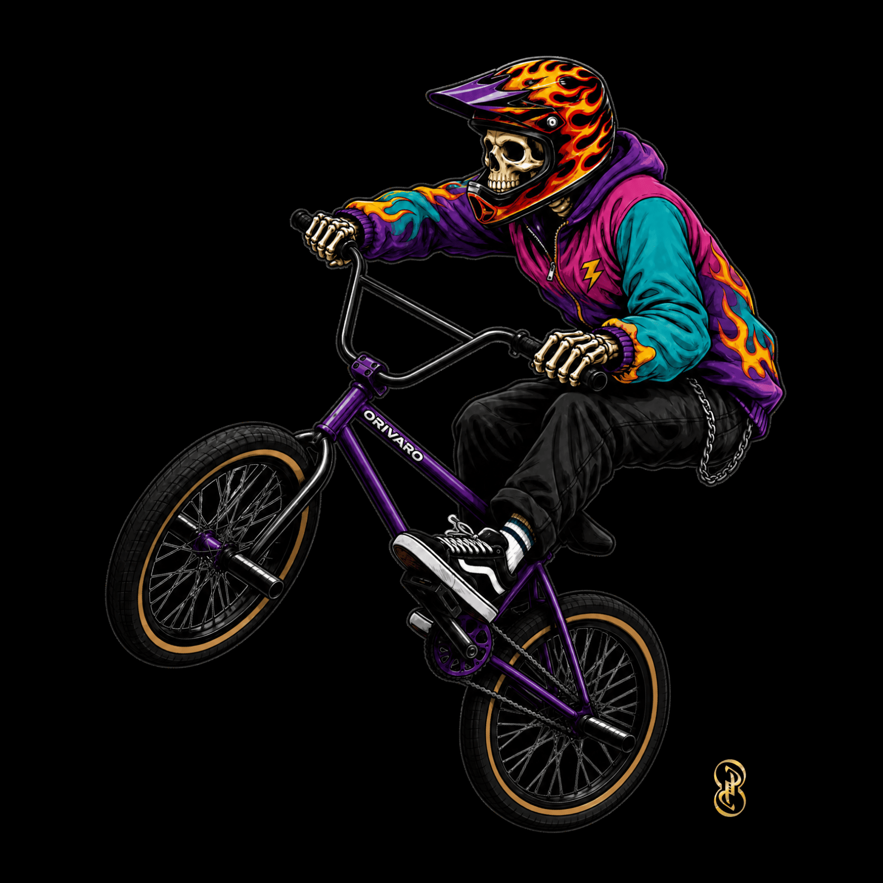 Skeleton wearing a colorful hoodie and helmet riding a purple bike on a black background