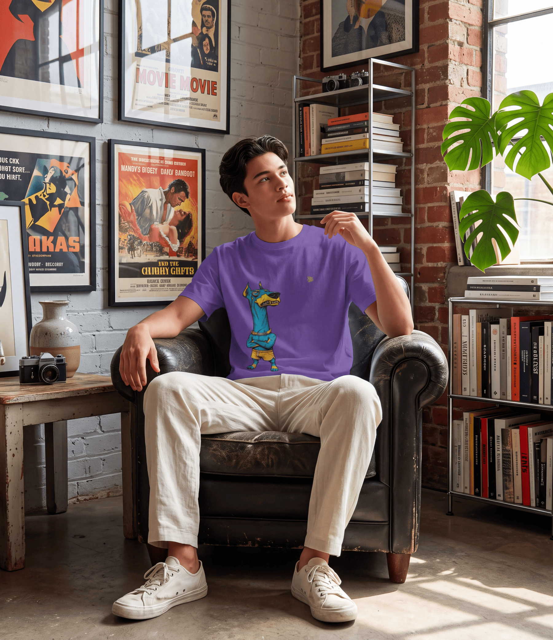 A man sits in a black leather armchair in a styled room with bookshelves, posters, and a brick wall. He is wearing a purple crewneck t-shirt with a cartoon dog graphic, cream pants, and white sneakers.