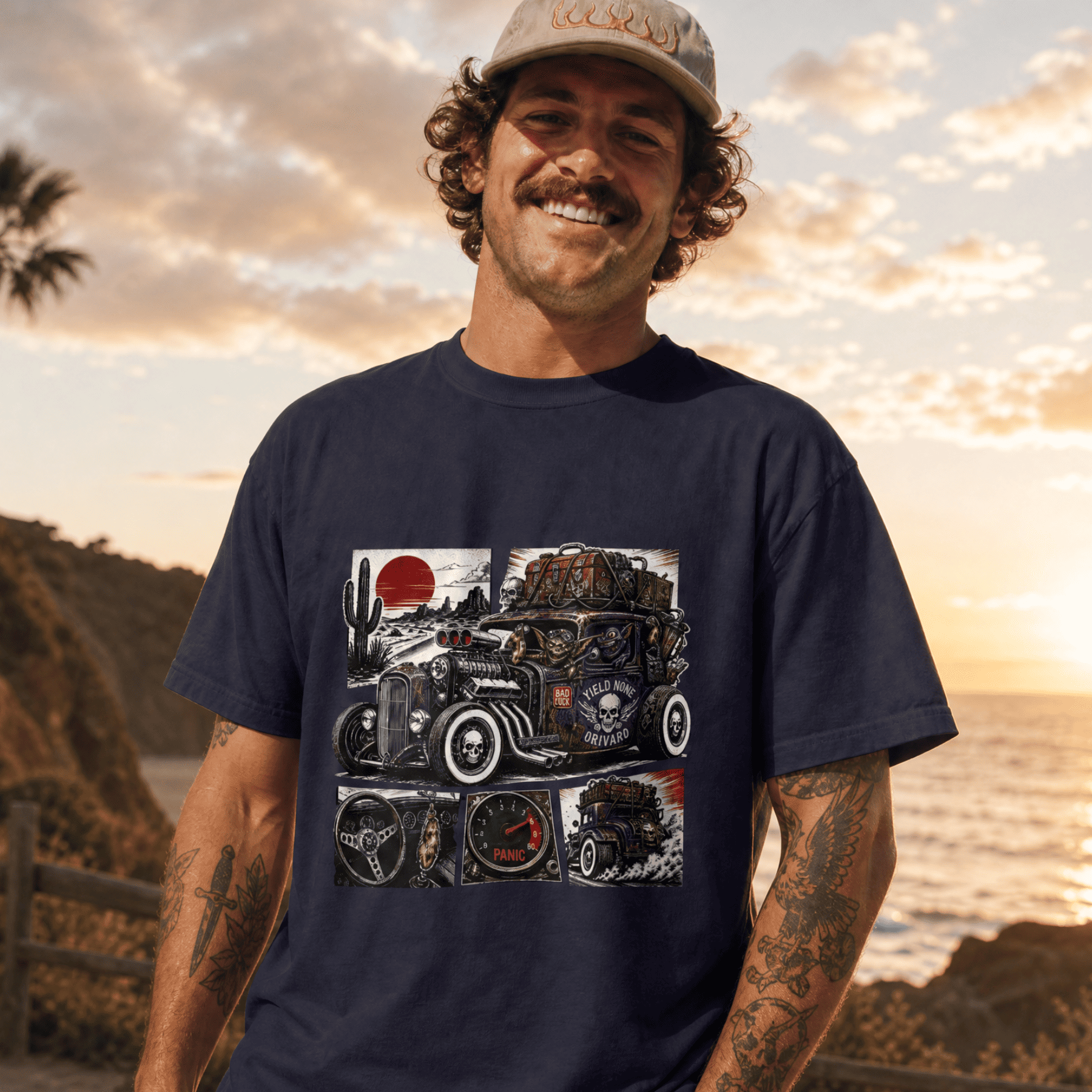 Man wearing a navy blue t-shirt with a graphic design of an old-fashioned car and desert scene, standing outdoors with a sunset in the background.