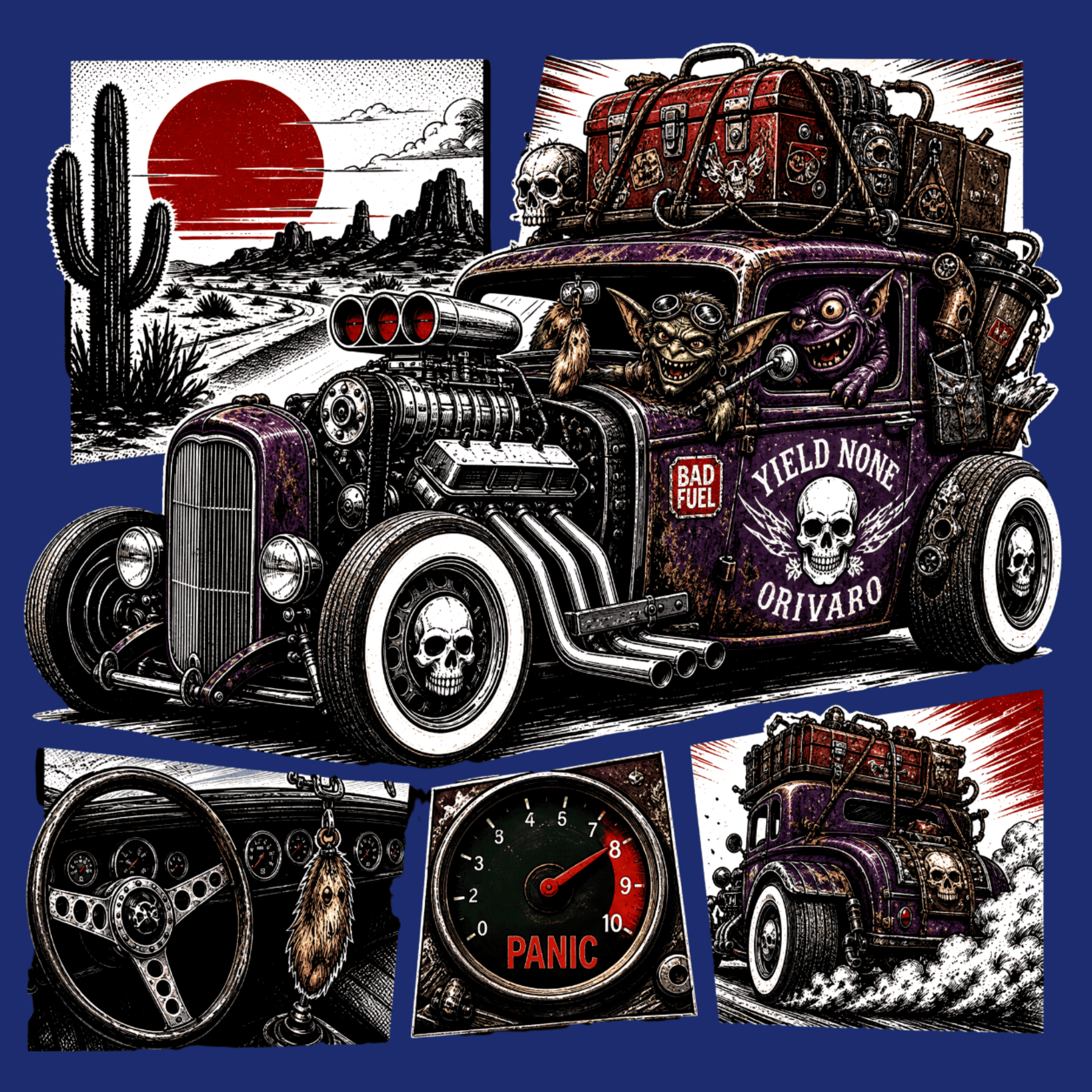 Collage of a stylized hot rod with various elements including a desert scene, skull details, and text.