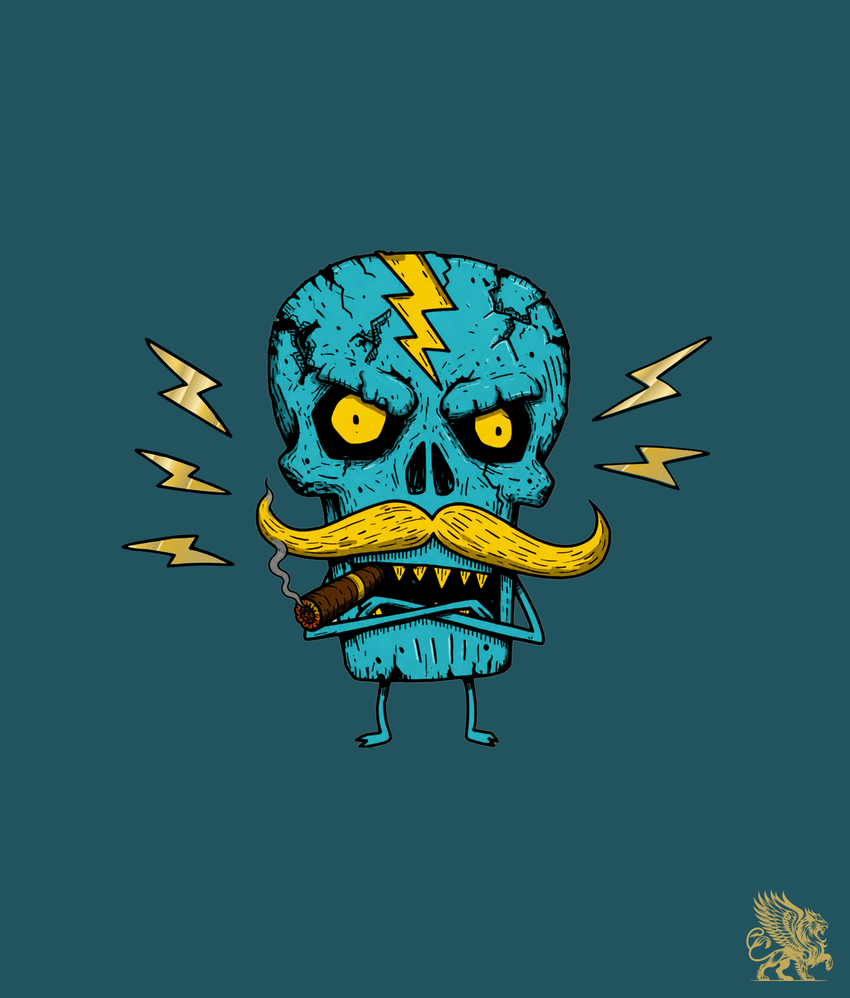 A stylized cartoon skull character on a dark teal background, with a yellow lightning bolt on its head, glowing yellow eyes, a large yellow mustache, and a cigar in its mouth. Yellow lightning bolts float around it, and a small gold lion emblem appears in the bottom-right corner.