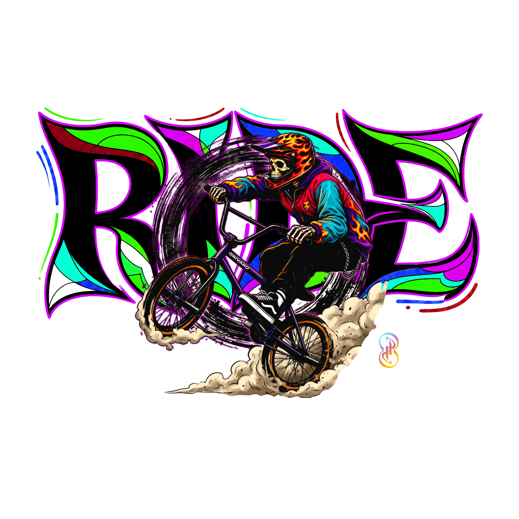 A vibrant graphic design featuring a BMX rider in a colourful, flame-patterned helmet riding a bike with stylized graffiti-style letters spelling 'RIDE' in the background.