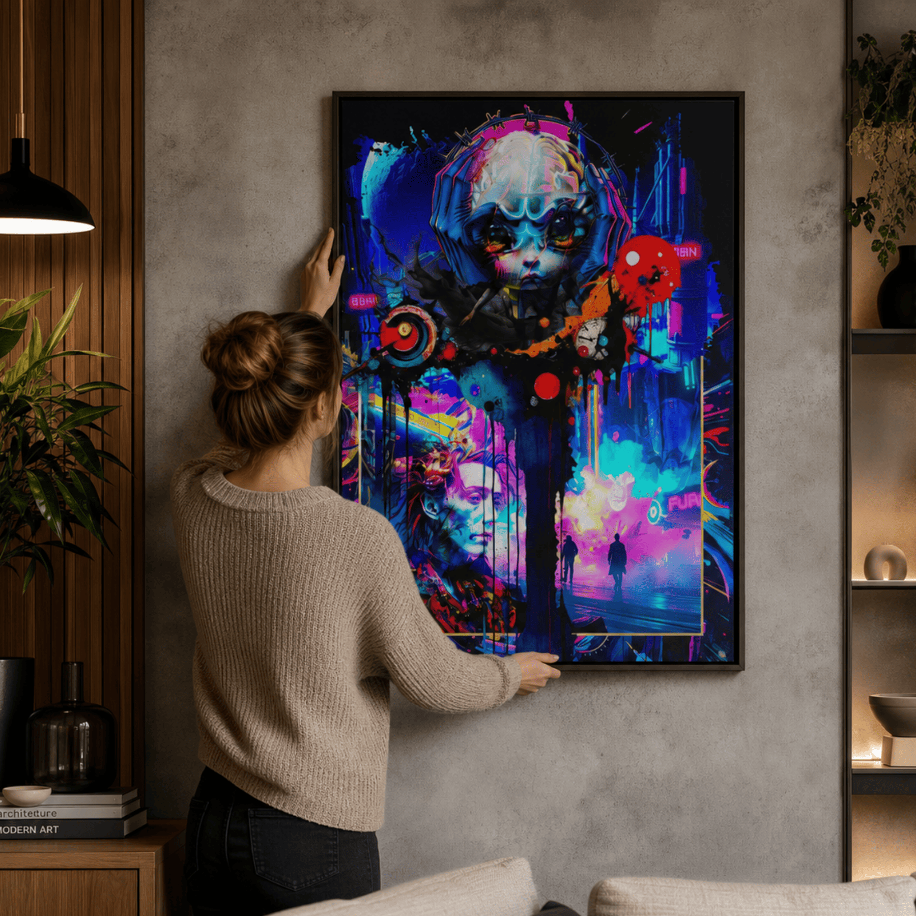 Lady putting an abstract art piece on the wall. The abstract art shows a face that melts into bright colours and other faces and people.