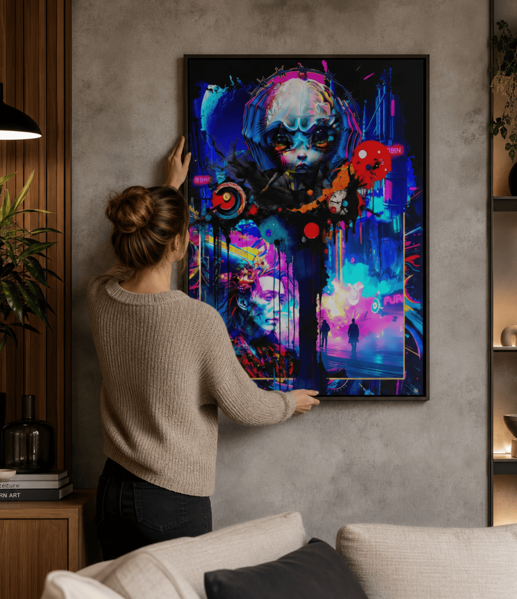 A woman in a beige sweater hangs a large framed abstract art print on a textured grey wall in a modern living room. The artwork features a surreal, colourful composition with a skull-like figure, neon blue and purple tones, and red circular accents.
