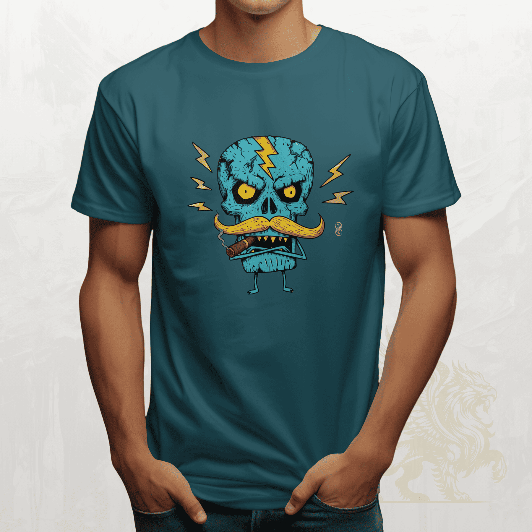 Teal t-shirt with a blue skull design featuring a mustache on a white background