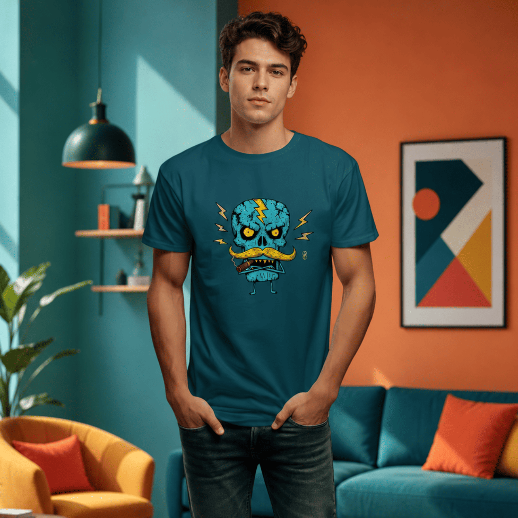 Man wearing a blue t-shirt with a graphic design in a colorful living room.
