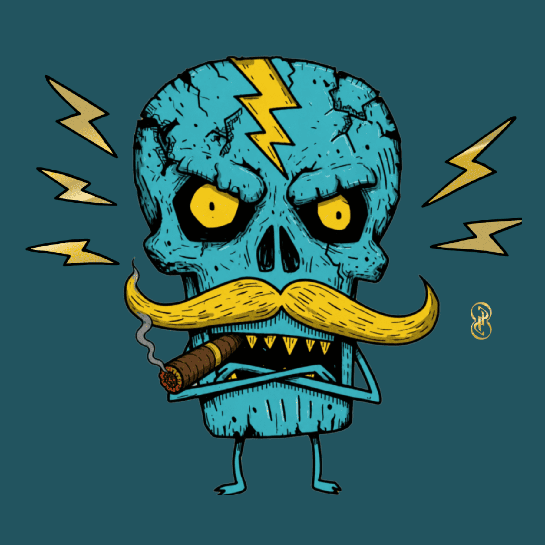 Cartoon skull with a mustache, smoking a cigar, and lightning bolts on a dark blue background