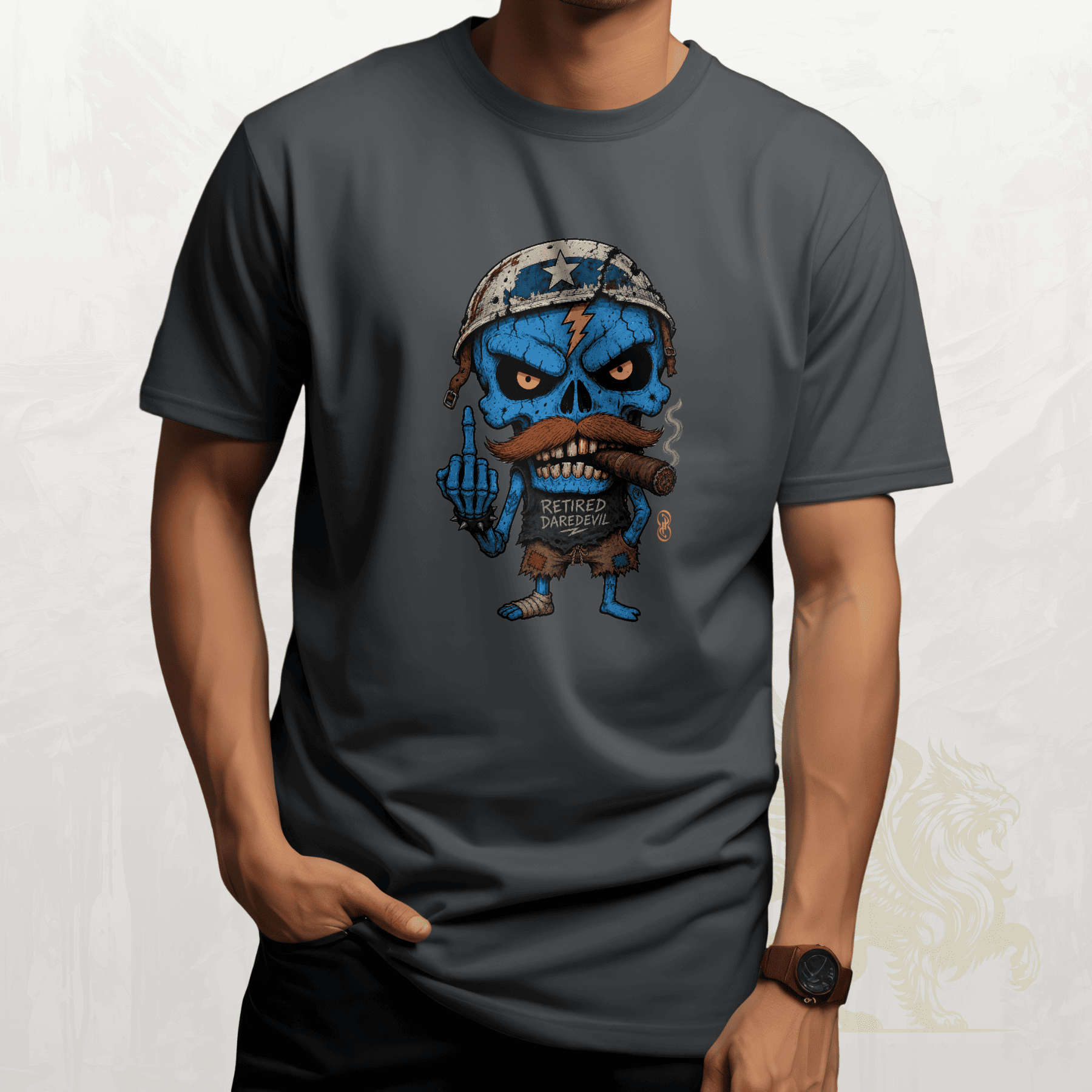 White t-shirt with a graphic design of a blue-skinned character with tattoos and a bandana on a white background.