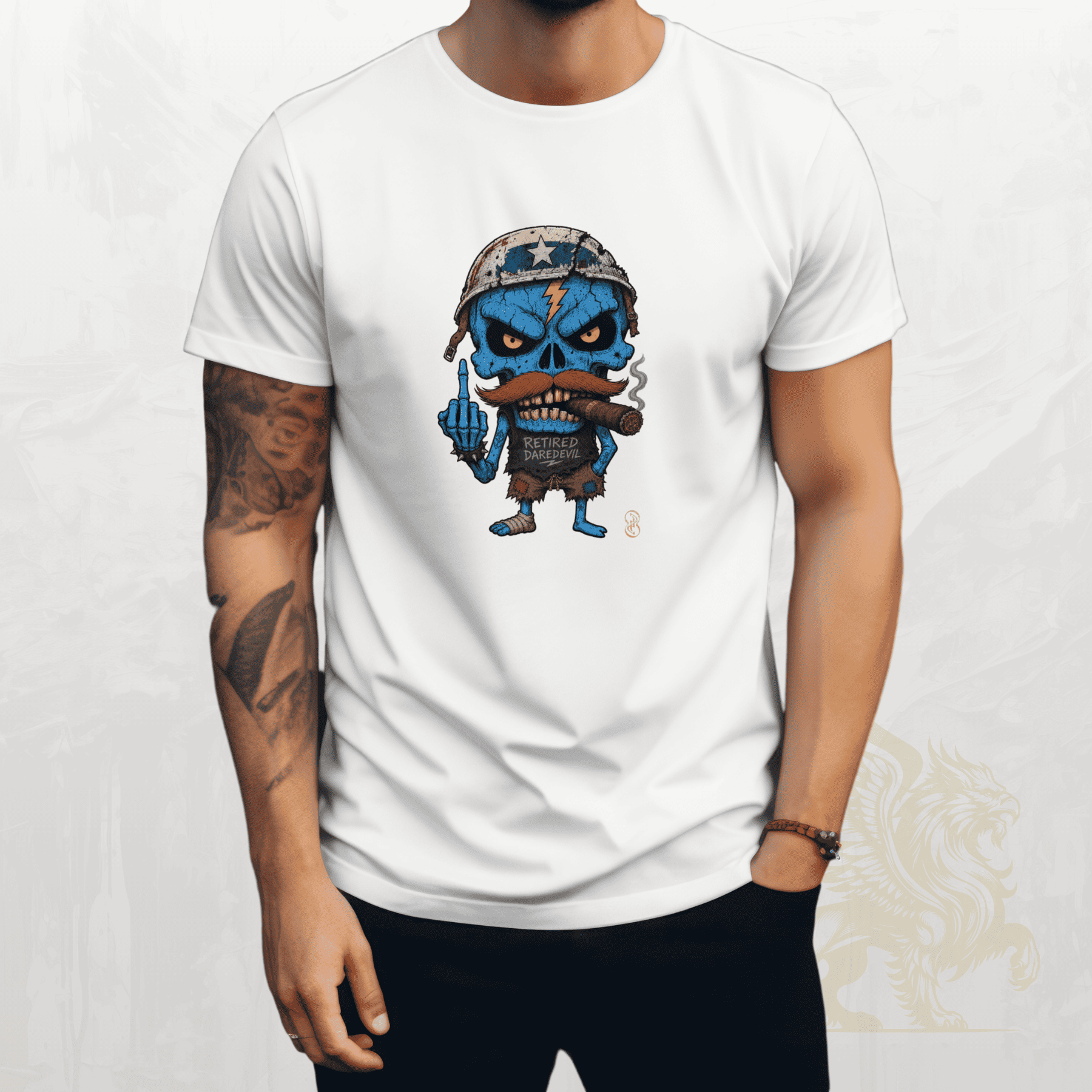 White t-shirt with a graphic design of a blue-skinned character with tattoos and a bandana on a white background.