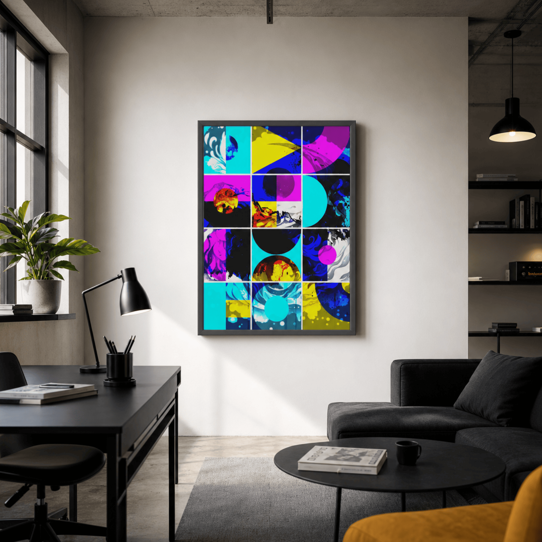 A framed abstract art print with a 3x3 grid of bright, contrasting geometric and organic shapes in cyan, magenta, yellow, black, and purple, displayed on a light grey wall in a modern, stylishly decorated living room.