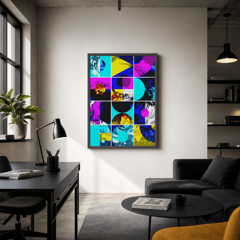 A framed abstract art print with a 3x3 grid of bright, contrasting geometric and organic shapes in cyan, magenta, yellow, black, and purple, displayed on a light grey wall in a modern, stylishly decorated living room.